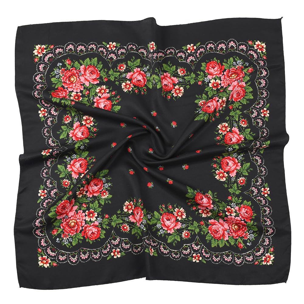Oleets Women's Black Spring And Autumn Bohemian Style Flowers Head Scarf Shawl,70X70cm(Black) Russian And Ukrainian Style Square Shawls Scarves