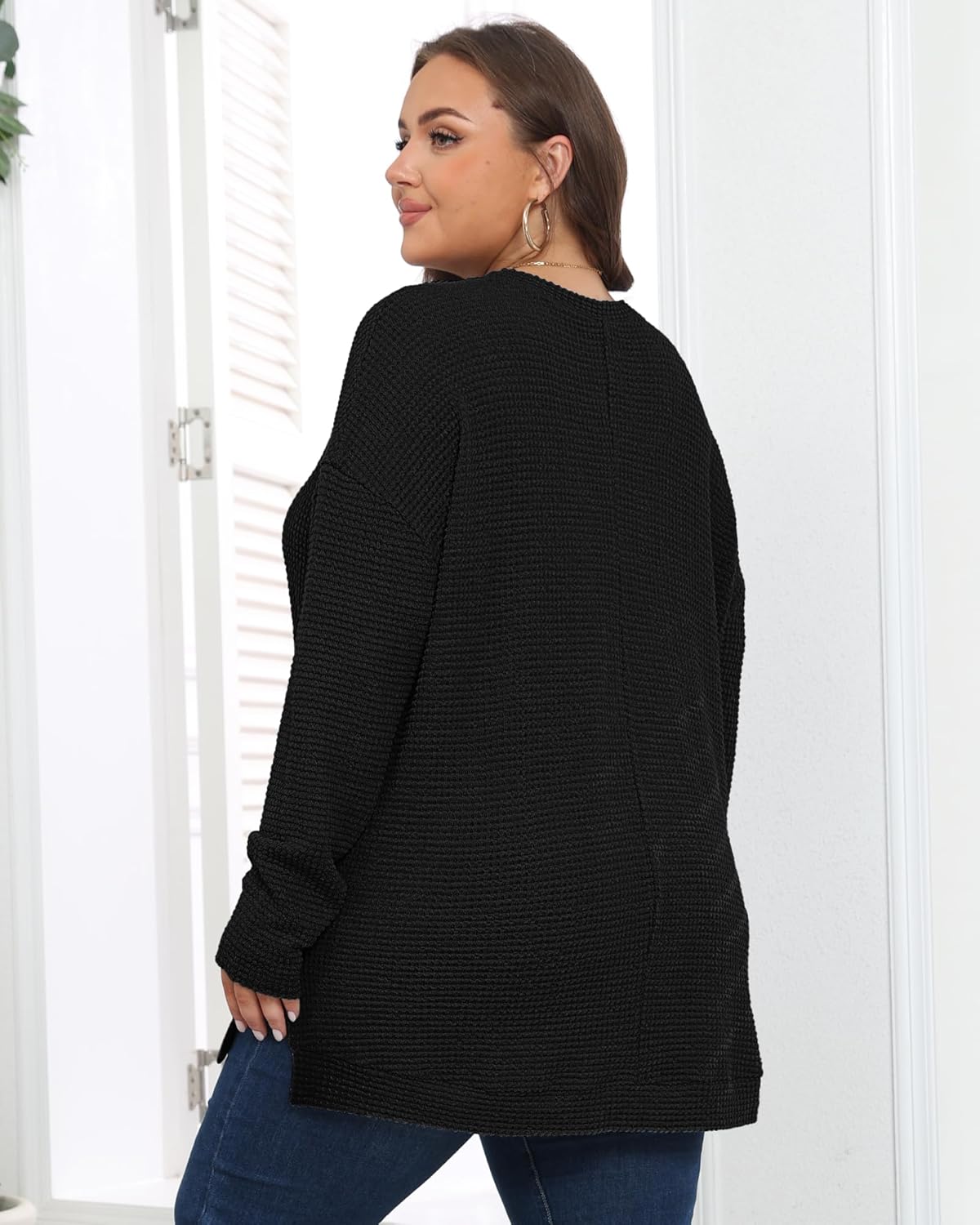 KARALIN Womens Plus Size Tops Fall CrewNeck Waffle Knit Long Sleeve Shirts Side Slits Oversized Sweater Pullover - Image 3