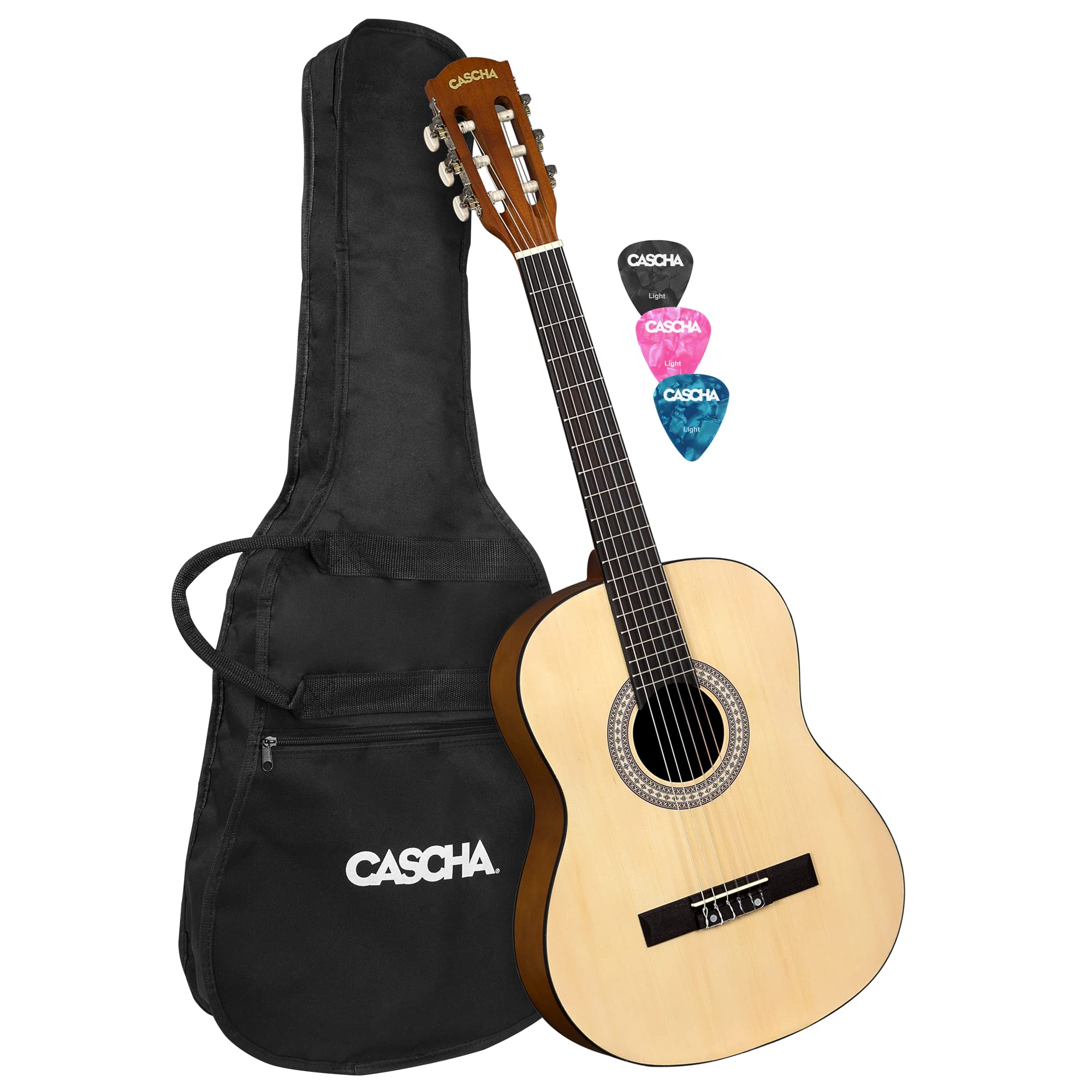 Cascha Student Series Konzertgitarre 3/4 aus Edelholz Kombination - Gitarre Kinder & Erwachsene mit Nylon Saiten - Perfekt für Einsteiger geeignet - inkl. 3 Plektren & gepolsteter Tasche
