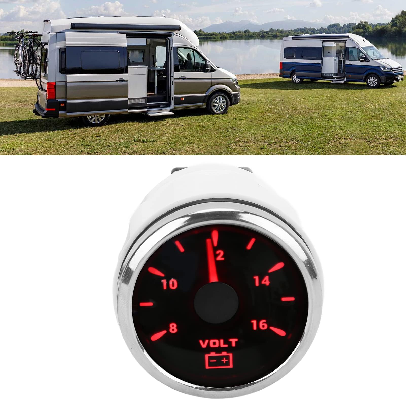 Voltmètre de Bateau, Jauge de Tension Marine 52mm 8-16V Pointeur 7 Couleurs Rétro-éclairage IP67 Voltmètre étanche pour Bateau RV Voiture 9-32V(le noir)
