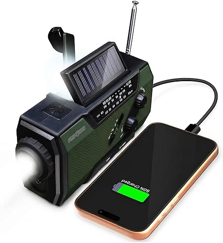 Miniatura 9 de FosPower NOAA Radio meteorológica de emergencia A1 7400 mWh, banco de energía portátil, AM/FM, USB/solar/carga de manivela, funciona
