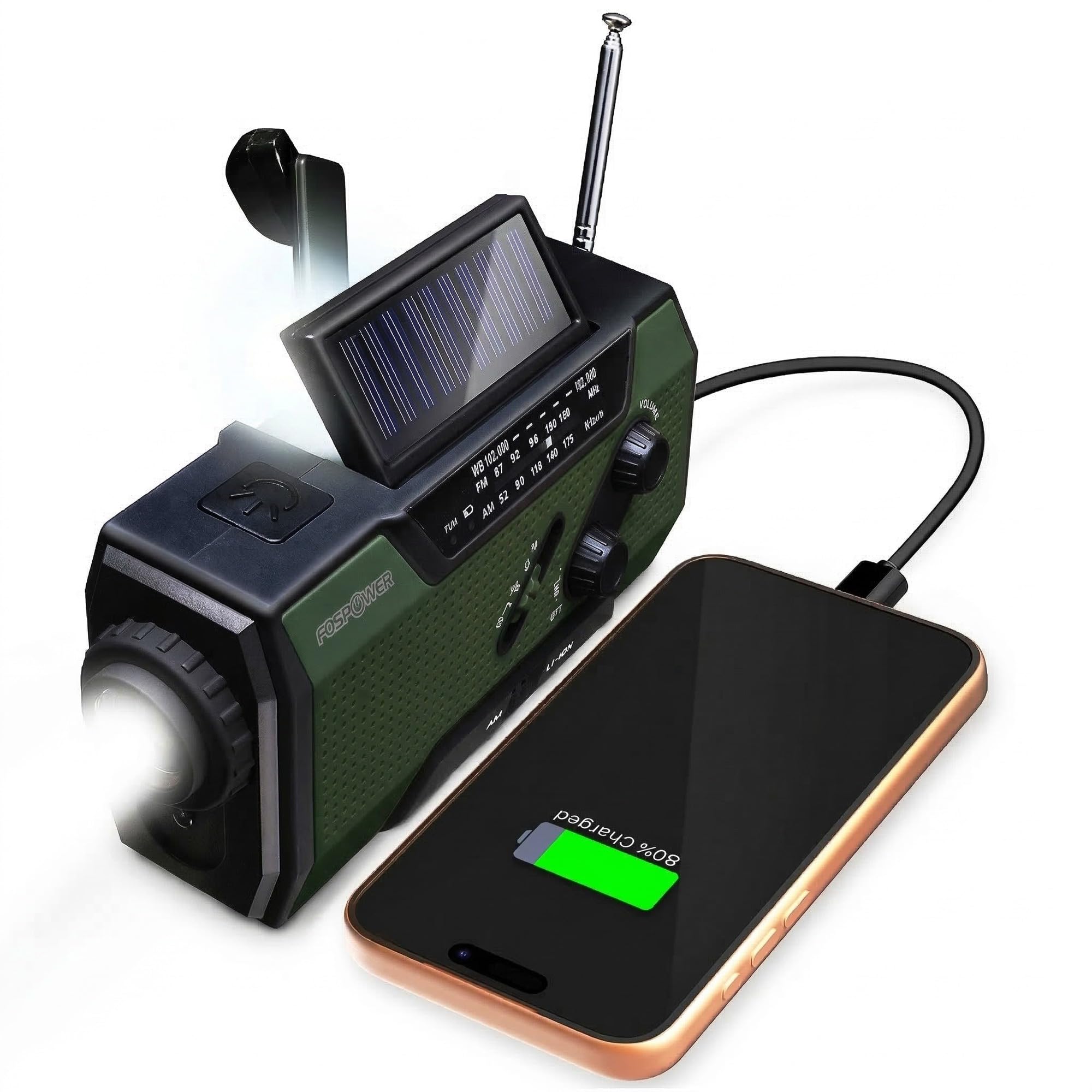 FosPower NOAA Emergency Weather Radio A1 7400mWh Portable Power Bank, AM/FM, USB/Solar/Hand Crank Charging, Battery Operated, SOS Alarm &amp; Flashlight for Indoor/Outdoor Emergency - Green