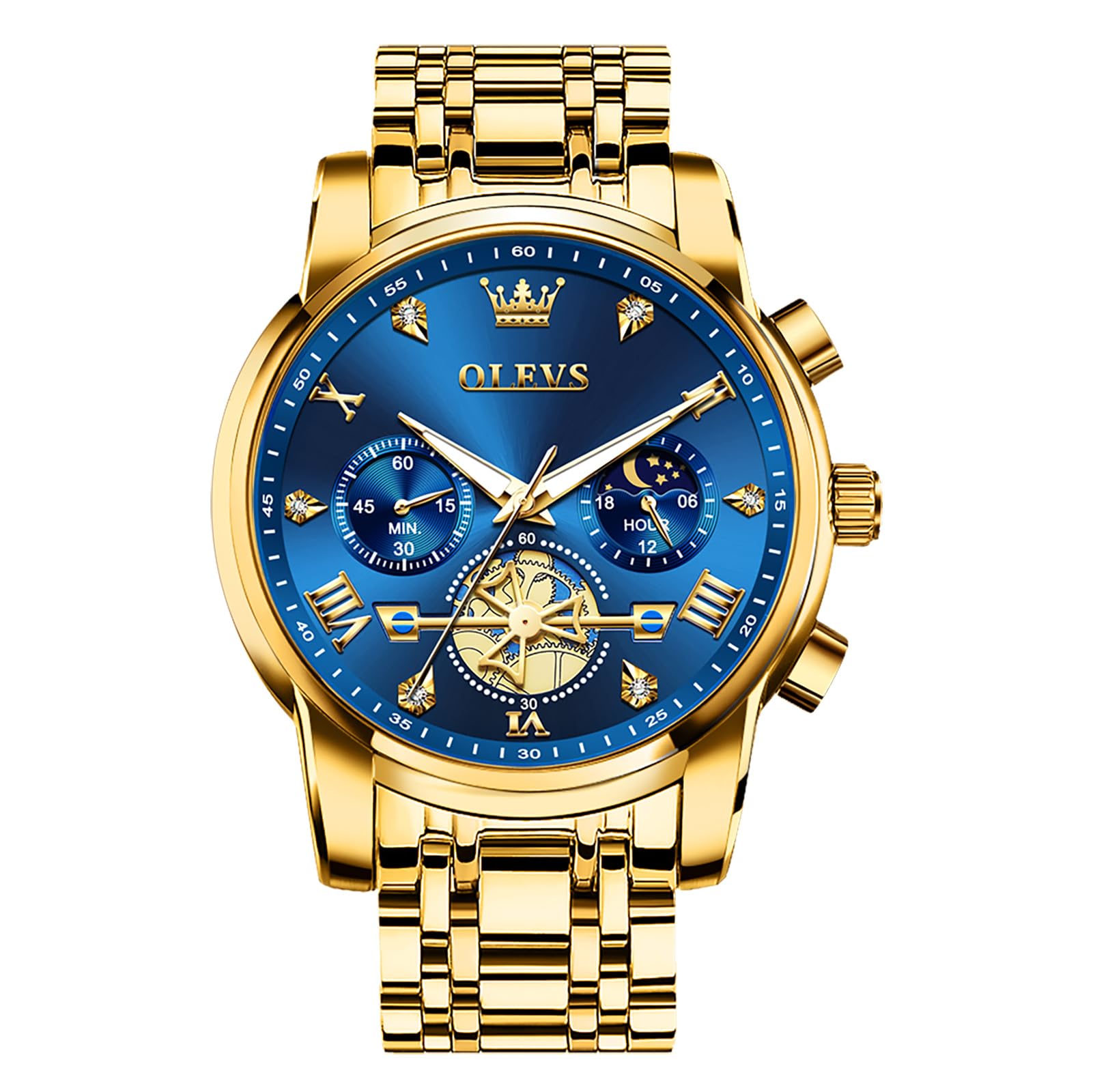 OLEVS Gold Chronograph Watch for Men Blue Face Roman Numerals Diamond Accent Luxury Mens Analog Dress Watch with Stainless Steel Bracelet Large Wrists Fancy Luminous Waterproof Male Wristwatch