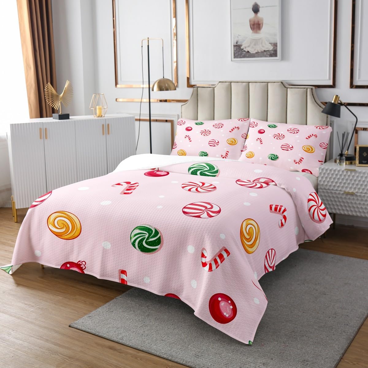 Erosebridal Candy Cane Coverlet Set King Size Xmas Candy Bedding Set for Kids Boys Girls Dots Red Delicious Dessert Quilted Coverlet Pink Merry Christmas Quilted