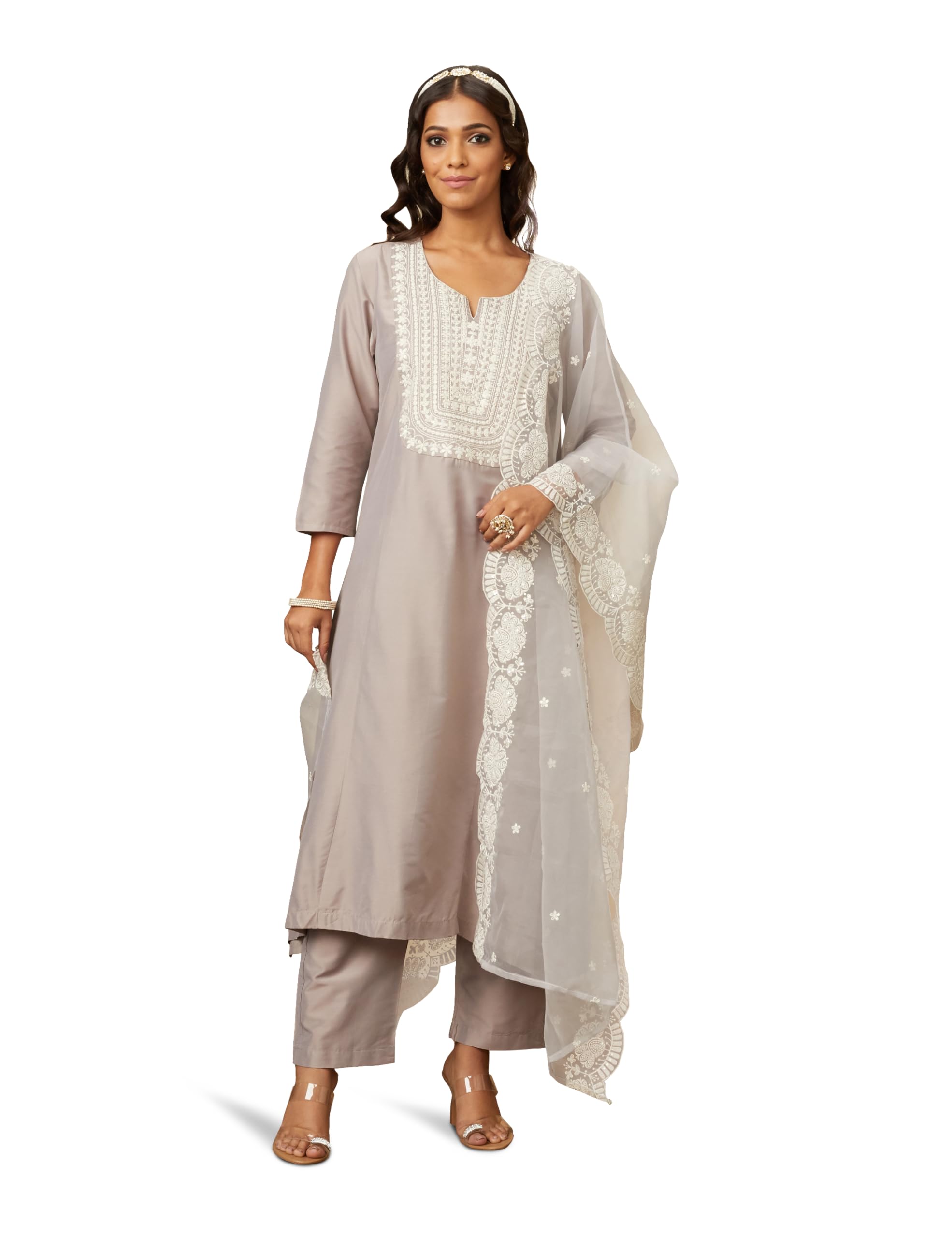 amazon brand - myx Women's Kurta Pant Set with Embroidered Organza Dupatta | Viscose,Rayon | A-line fit-picture-11