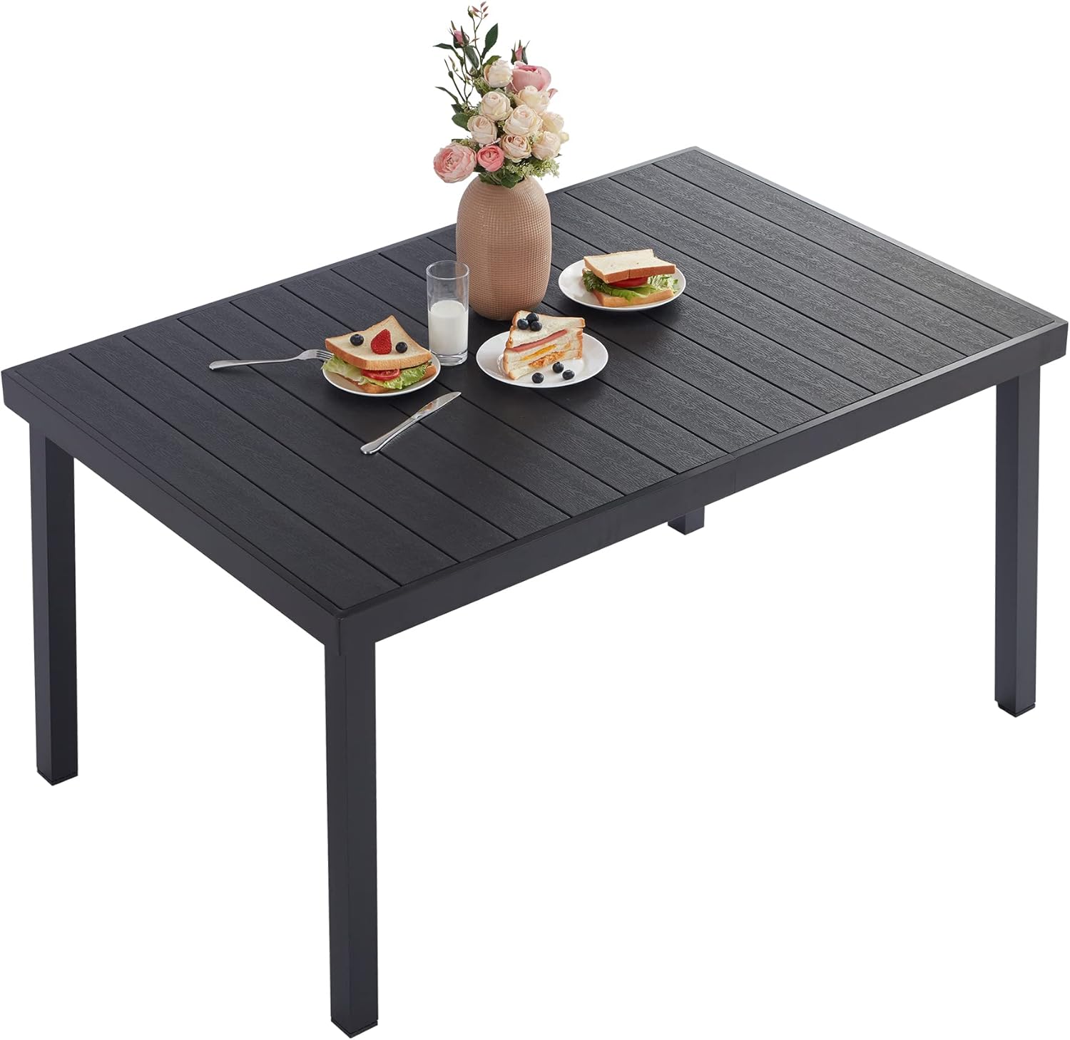 Haquatisol Outdoor Dining Table for 6, 55"x35" Patio Aluminum Metal Slatted Table