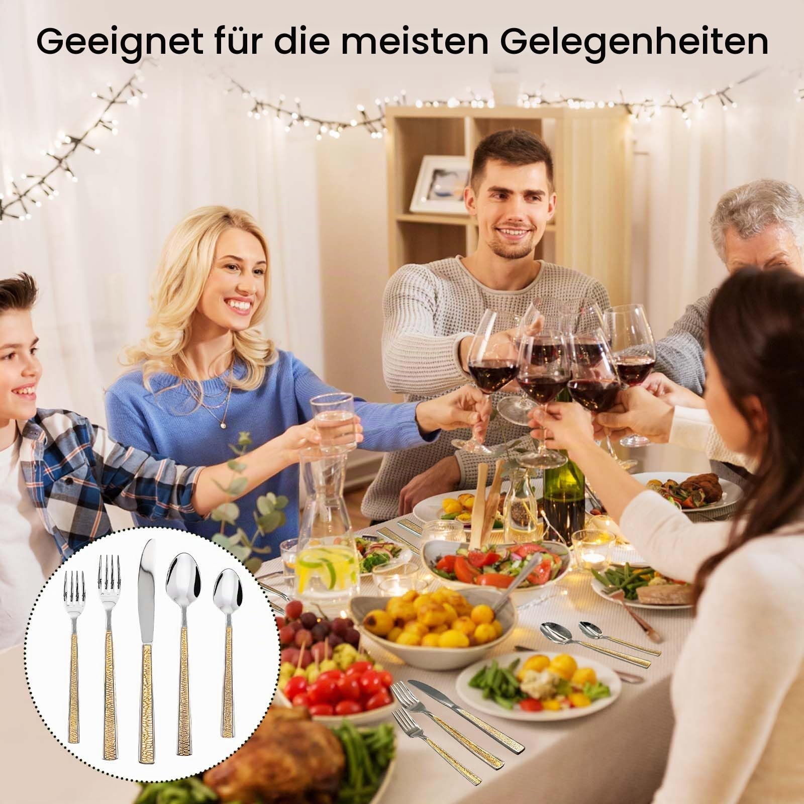 SNAIL GARDEN 40-teiliges Edelstahl-Besteck-Set für 8 Personen, Besteck mit Goldrand mit Messern, Gabeln, Löffeln – Spülmaschinenfest für Hochzeit, Einweihung und Täglichen Gebrauch
