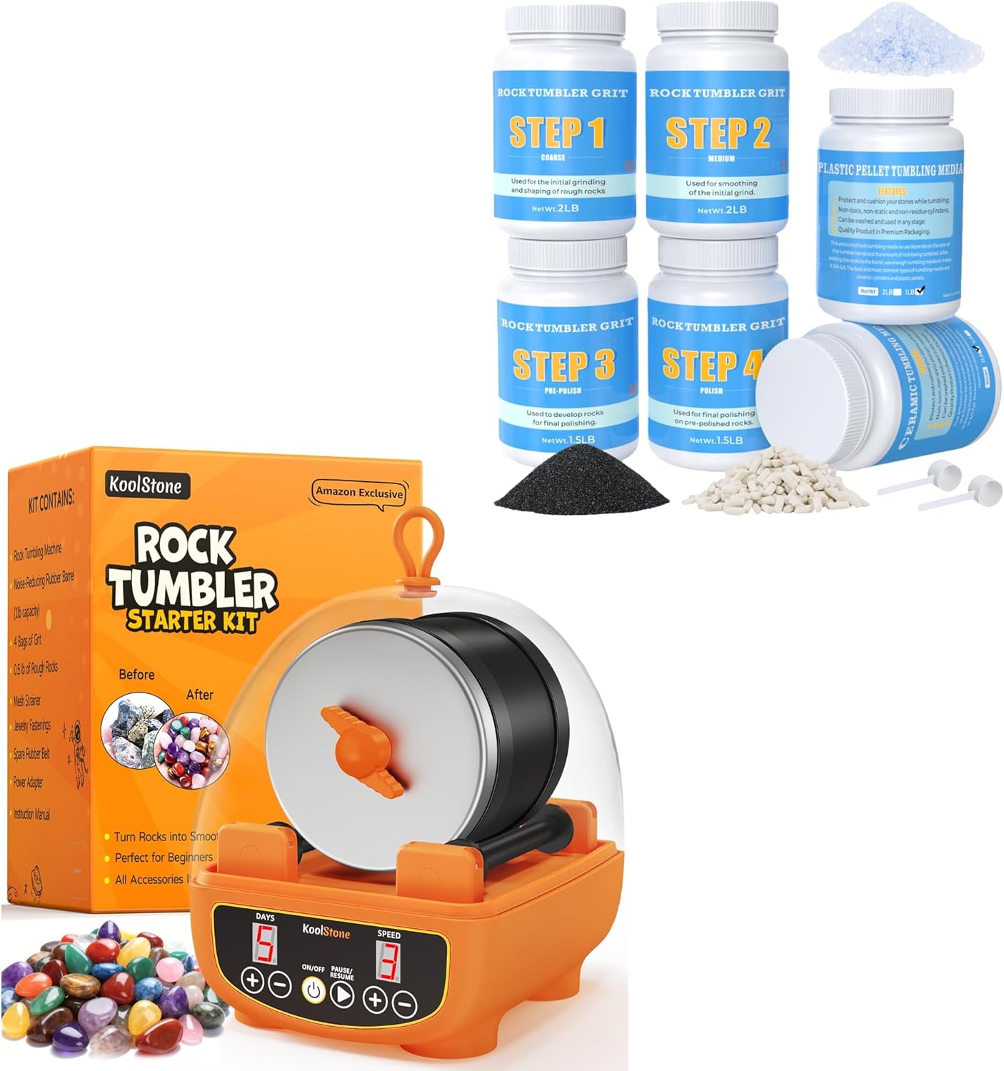C5 Starter Rock Tumbler Kit – Dual Noise-Reduction, Complete STEM Rock Polishing Kit for Kids & Beginners + 10 lbs Polishing Grit & Ceramic Media – Essential 4-Step Refill Kit