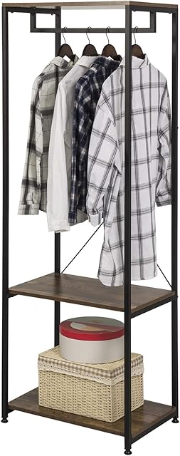 eSituro Heavy Duty Clothes Rail, Wooden Clothing Rail Metal Rod Garment Rack Free Standing Wadrobe Organizer with 2 Tiers Storage Shelves Shoe Rack Vintage