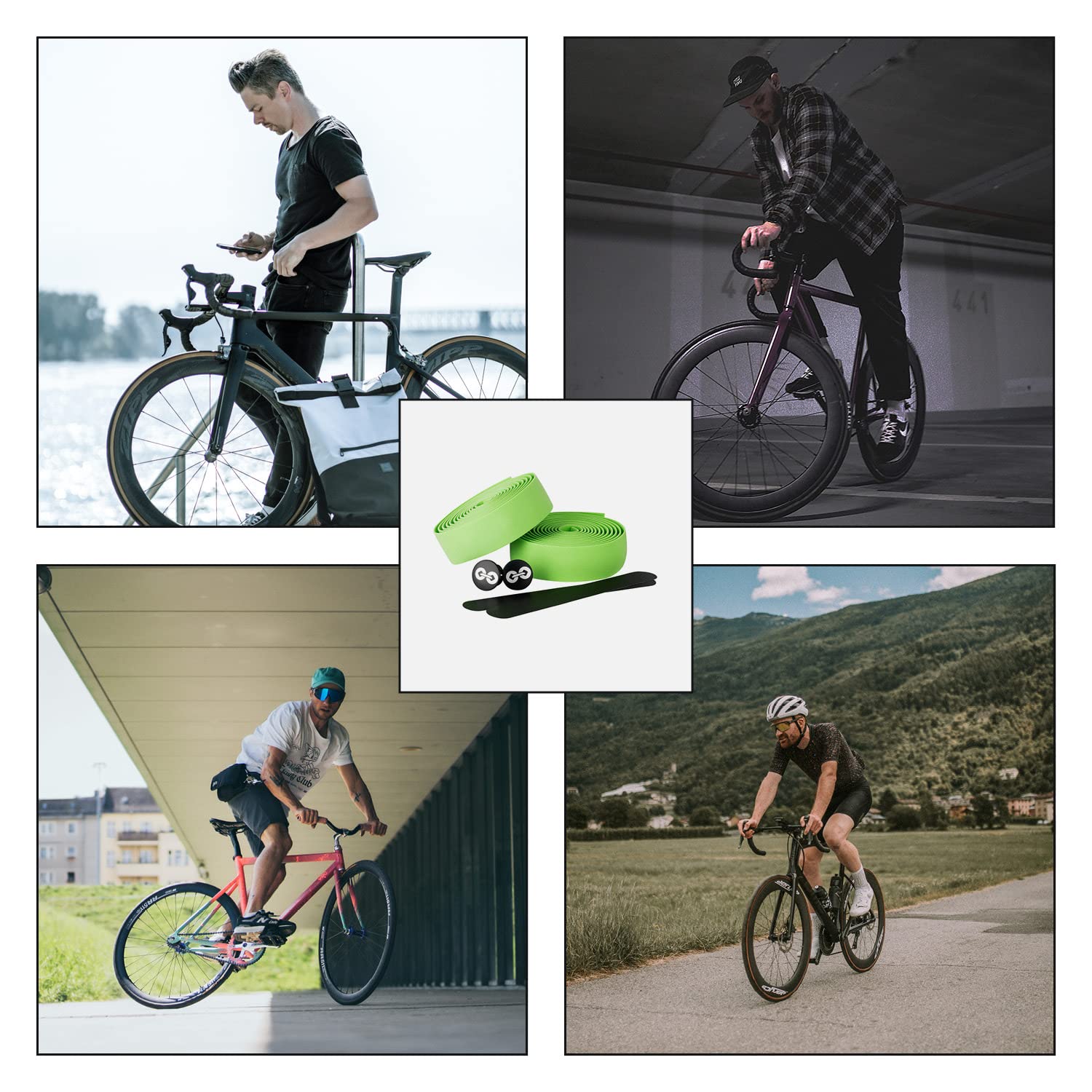 URBAN ZWEIRAD Resistente Nastro per Il Manubrio della Bici - Verde - Inclusi Tappi di Chiusura e Strisce adesive - Super Antiscivolo e Facile da Applicare - 200cm x 3cm (Verde)