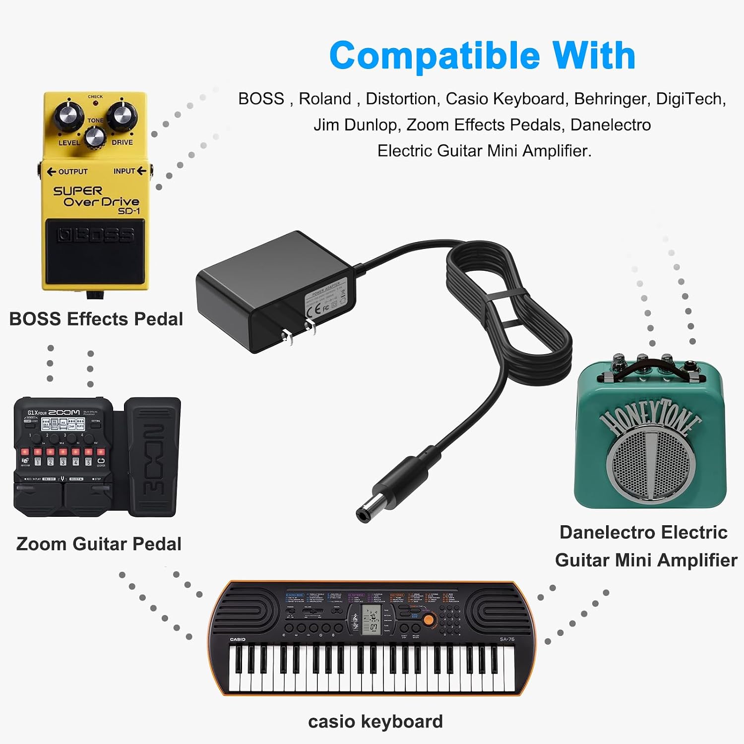 9V Power Supply for Casio Keyboard AD-5 WK-110 WK-200 WK-210 LK-43 CT-360 CTK-496 CTK-480 CA100 CTK 573 CTK-2000, Adapter for BOSS Effects Pedal, Roland Musical Instruments, Center Negative (10FT)