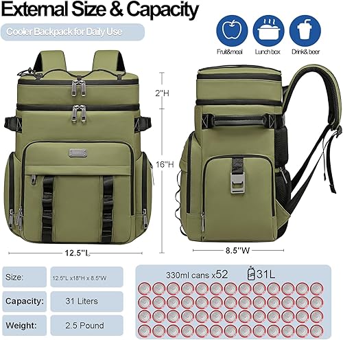 Miniatura 6 de Weitars Mochila térmica aislada, bolsa térmica suave impermeable de doble cubierta, mochila enfriadora a prueba de fugas para hombres y mujeres para