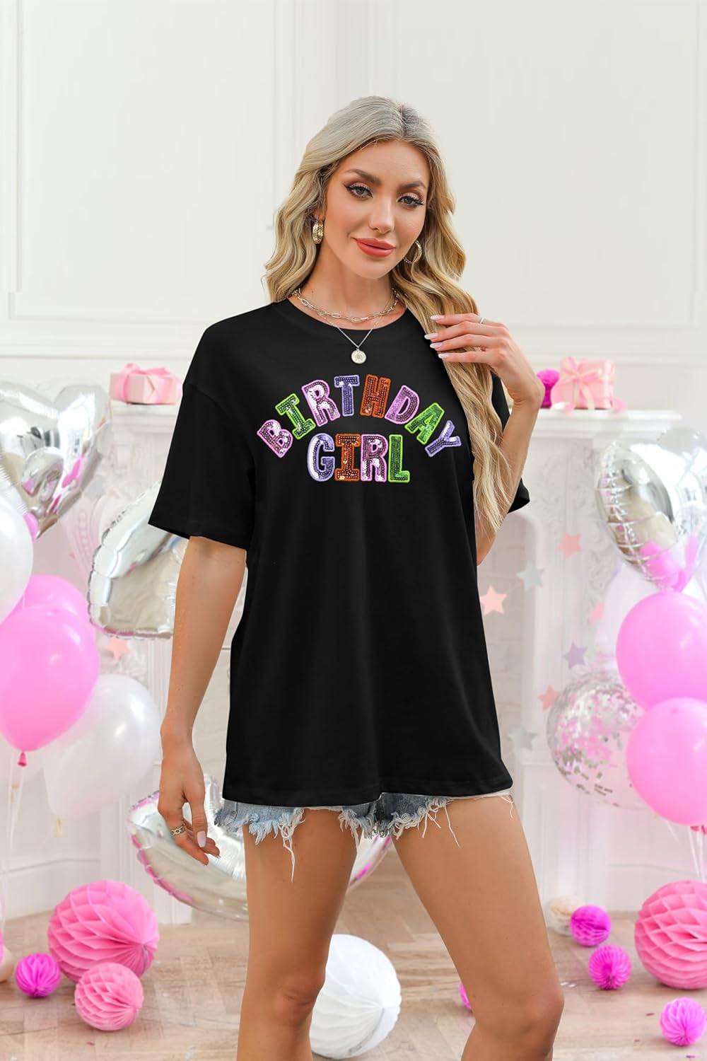 Oversized Sequin Birthday Girl Shirt Womens Happy Birthday Graphic Tees Birthday Gift Top Casual Short Sleeve Tops - Image 4