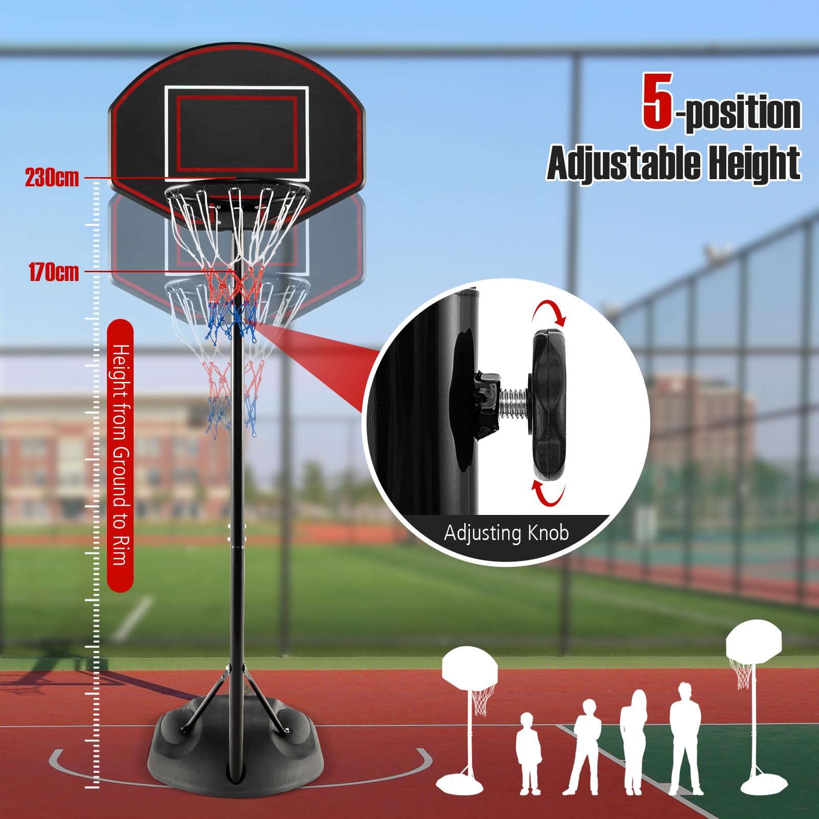 GYMAX Canestro da basket e supporto, sistema di porta da basket regolabile in altezza con base riempibile e ruote integrate, set di rete da basket portatile per esterni e interni, per bambini, ragazzi