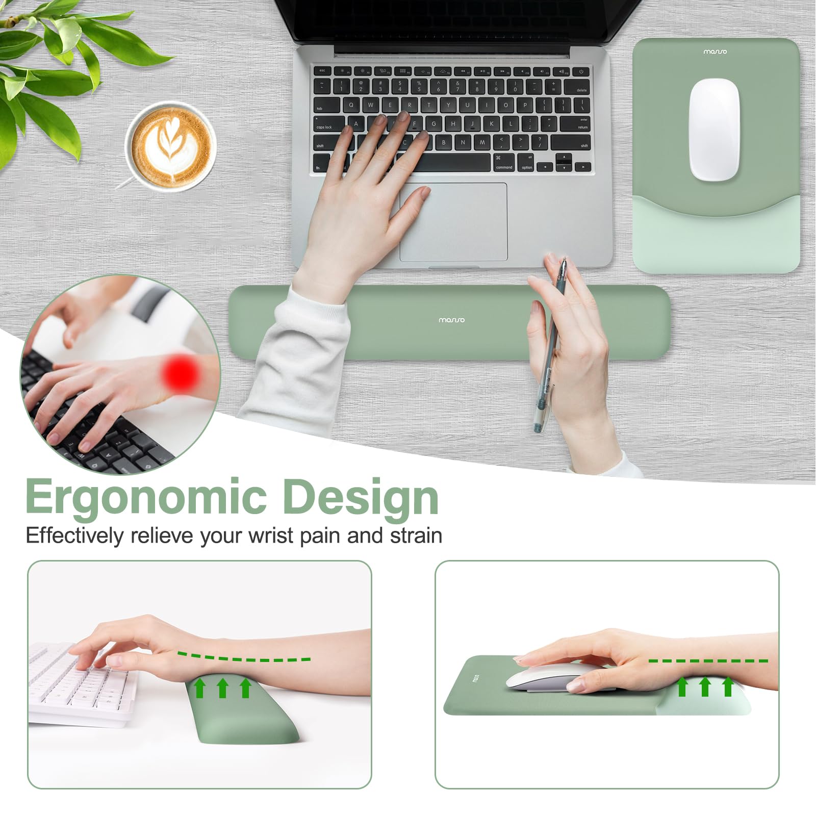 MOSISO Tappetino Mouse con Poggiapolsi e Tastiera Set, Ergonomico Antiscivolo, Memoria Schiuma, Verde