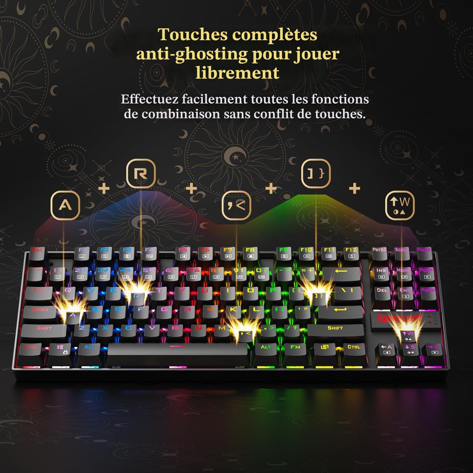 Redragon Clavier de Jeu Mécanique, Rétroéclairage Arc-en-Ciel LED RGB, Clavier Filaire avec Commutateurs Rouges Équivalents pour PC de Jeu Windows (87 Touches, Noir)