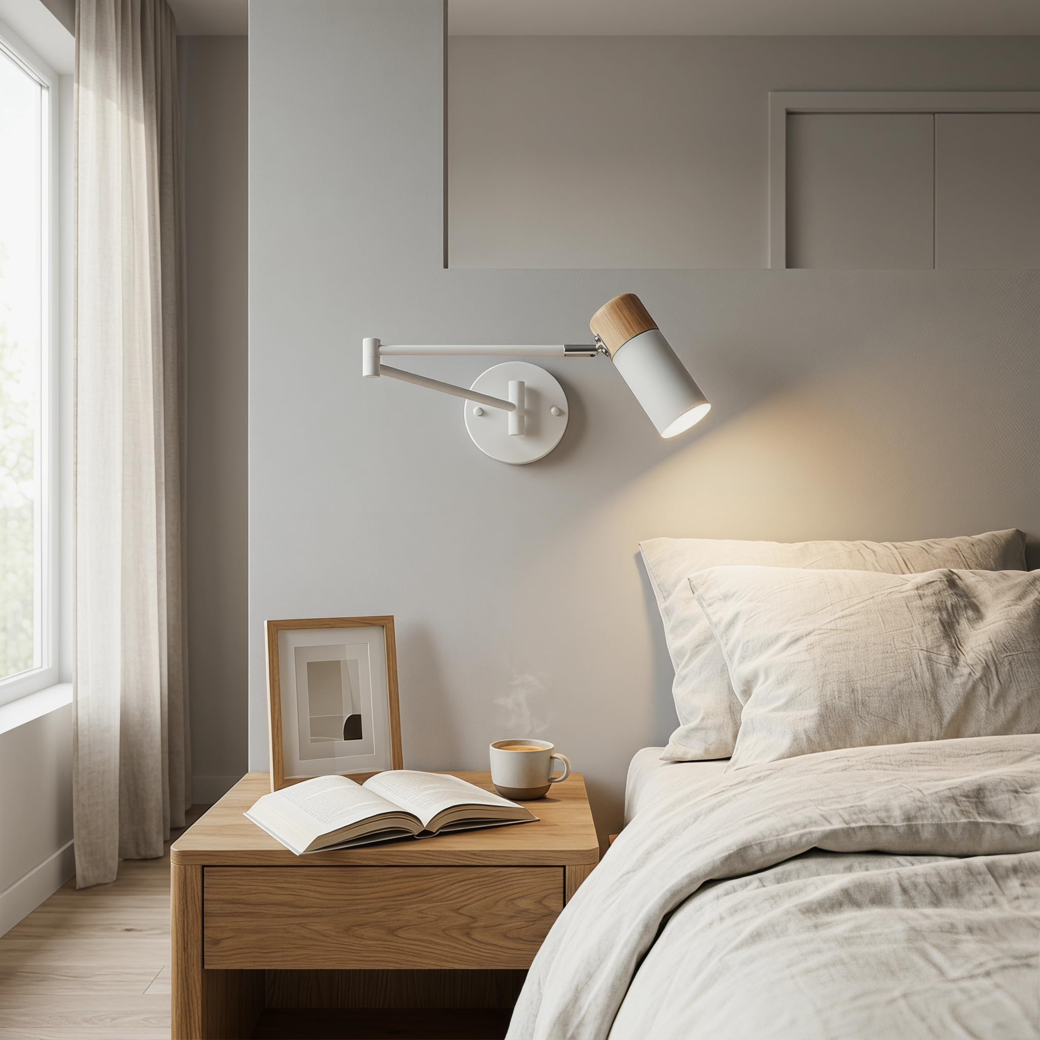 BARCELONA LED Applique Murale Extensible LOGAN Bois et Métal Blanc Style Nordique Moderne Vintage Industriel Bras Articulé Tête Rotative 360° Douille E27 G45 Lampe de Lecture Chambre Salon Intérieur