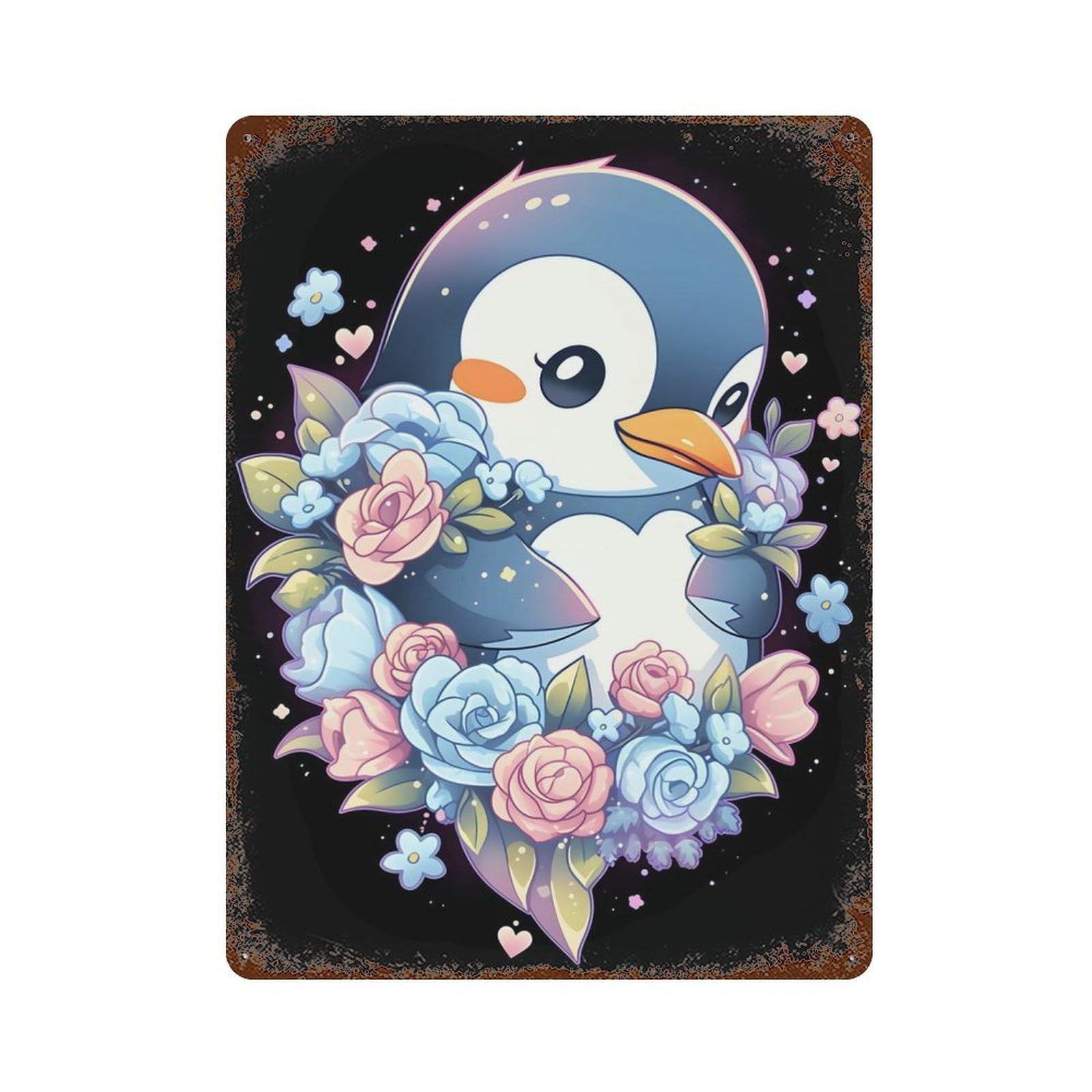 Cute Floral Penguin Lovers Vintage Wall Sign 15.7"x11.8", Rust Effect Metal Decor for Basement, Hobby Room And Garage Decor