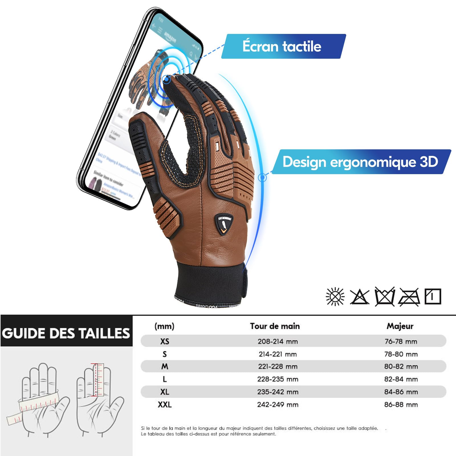 Vgo... Gants travail en cuir sécurité, mécanicien, doublure anti-coupure HPPE, protection des mains, EN388 niveau 5, ANSI A3 (CA7722CT,Marron,XL,1Paire)