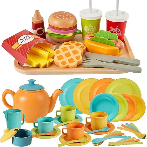 BUYGER Juego de accesorios de cocina con juguete de hamburguesa de comida rápida, plástico y madera, vajilla de cocina, juego de simulación,