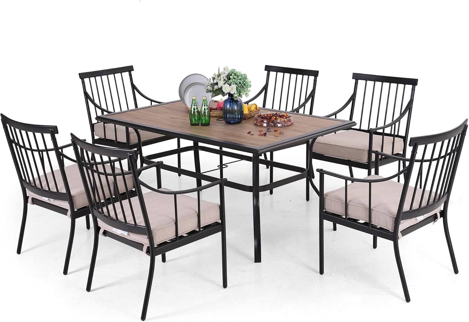 PHI VILLA 7 Piece Outdoor Dining Set with Cushion, Rectangle Polywood Metal Dining Table with Umbrella Hole & 6 Iron Chairs for Patio, Deck, Porch : Patio, Lawn & Garden