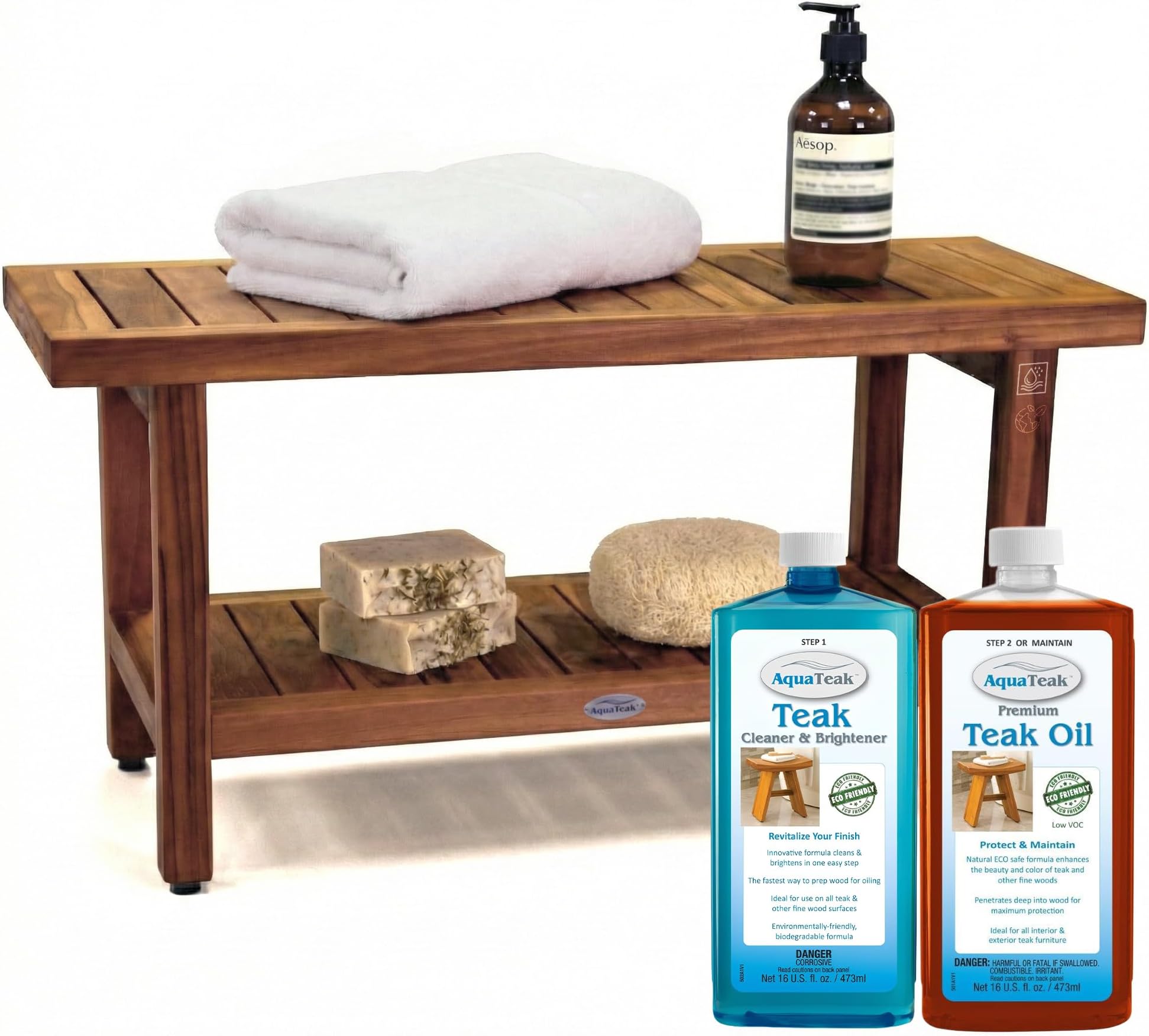 The Original 36" Spa Teak Shower Bench - Shower Stool with Storage Shelf for Bathroom - Durable Water Resistant Shower Chair - Shaving Foot Rest - Comes with Teak Oil & Cleaner CareKit