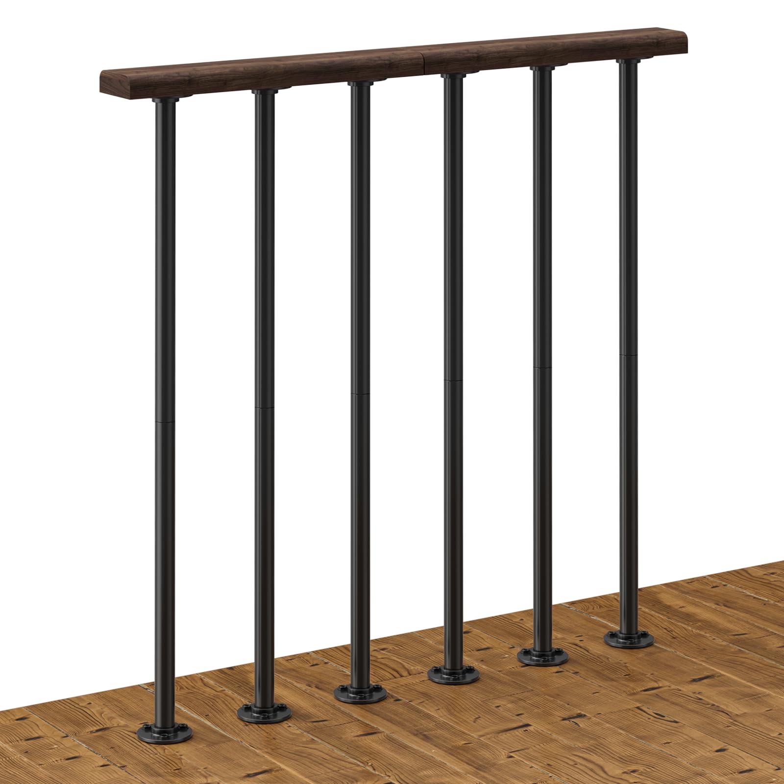 Deck Metal Porch Guard Rail Kit with Balusters - 2 Section Wrought Iron Flat Railing with Wooden Top for Outdoor Deck, Porch, and Balcony (34 in. H x
