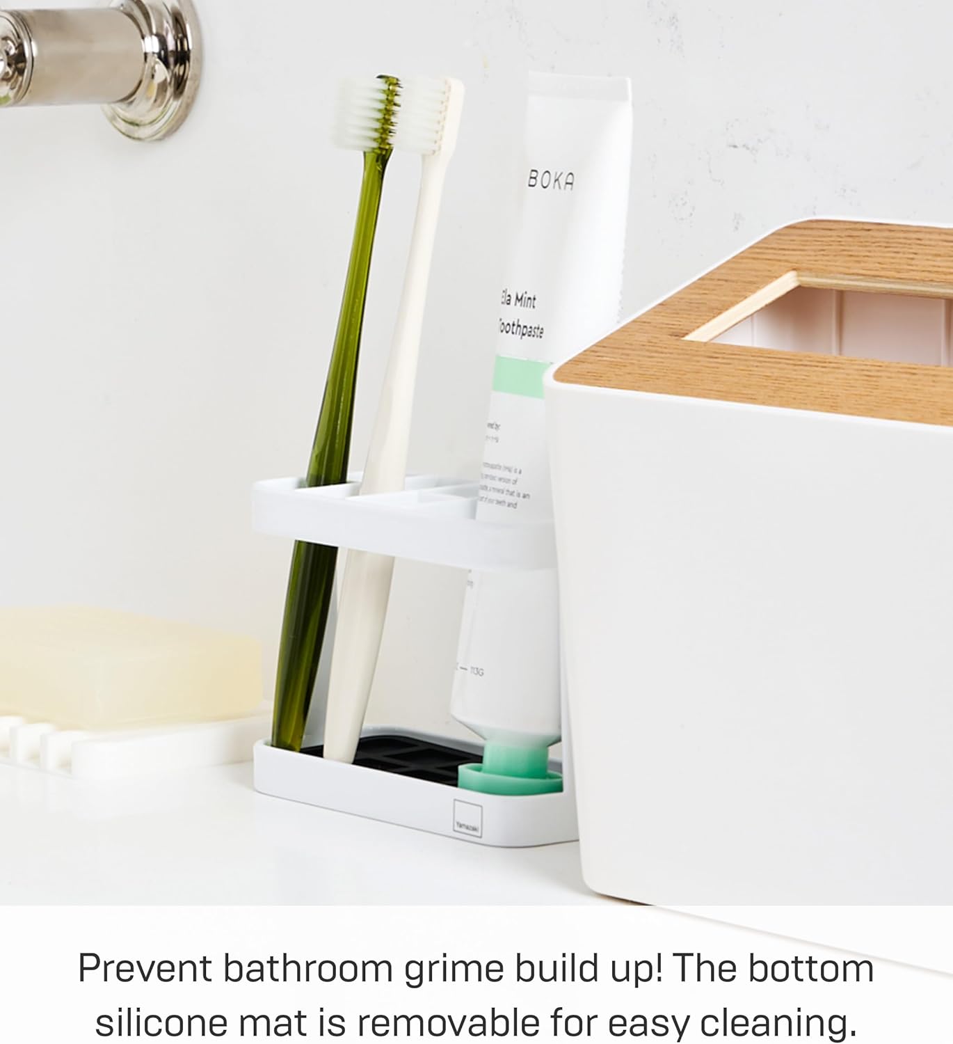 Black Steel Tower Toothbrush Stand with Rubber Mat