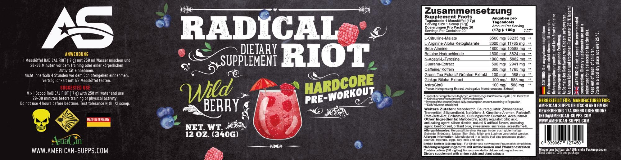 PREMIUM Pre Workout Booster [340g] - Wilde Beeren - 300 mg Koffein + Beta Alanin + L Citrullin Malat