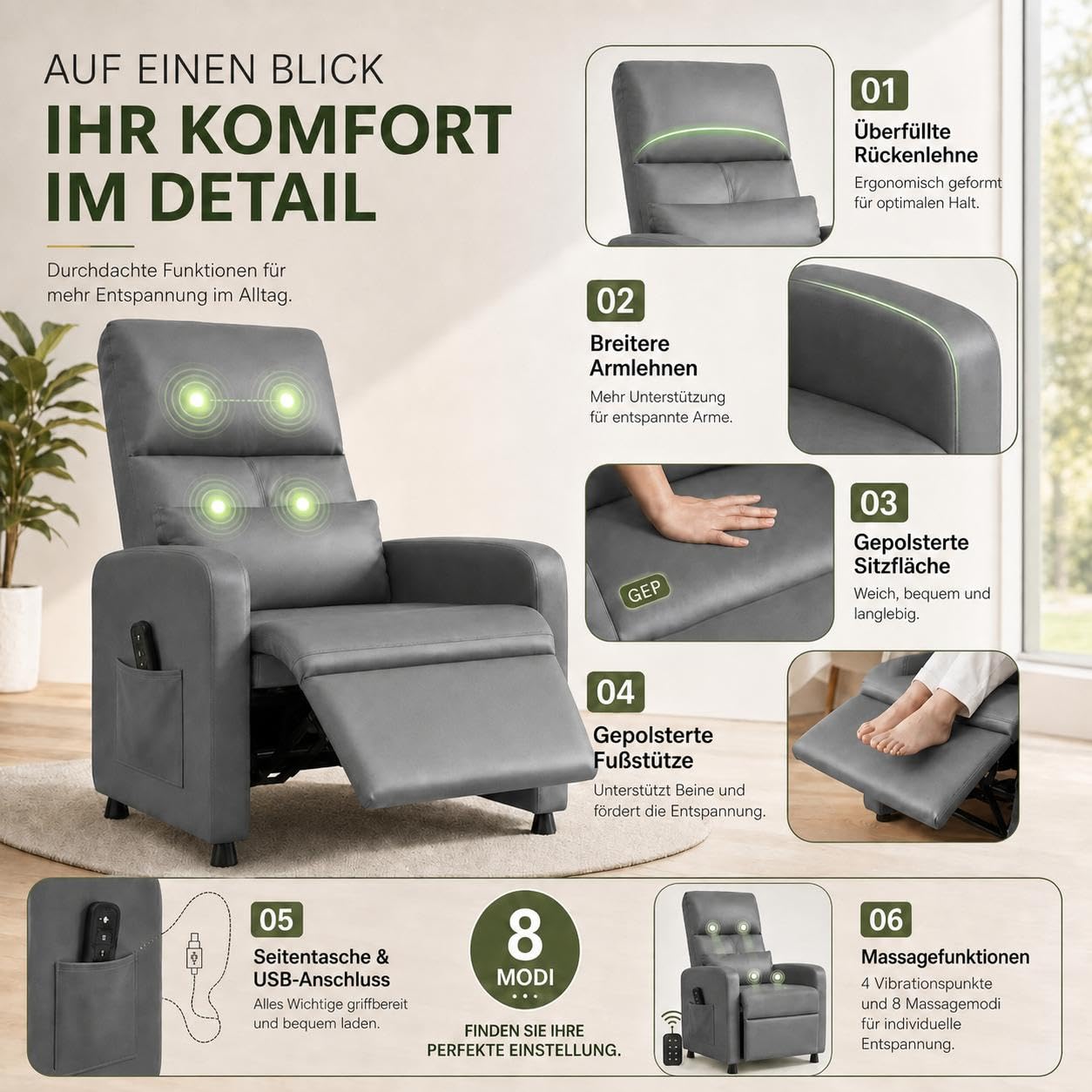 Elektrisch Verstellbarer Relaxsessel für Zuhause | 8 Modi & Heizfunktion | PU-Leder | hohe Rückenlehne | verstellbare Fußstütze | USB | Seitentaschen