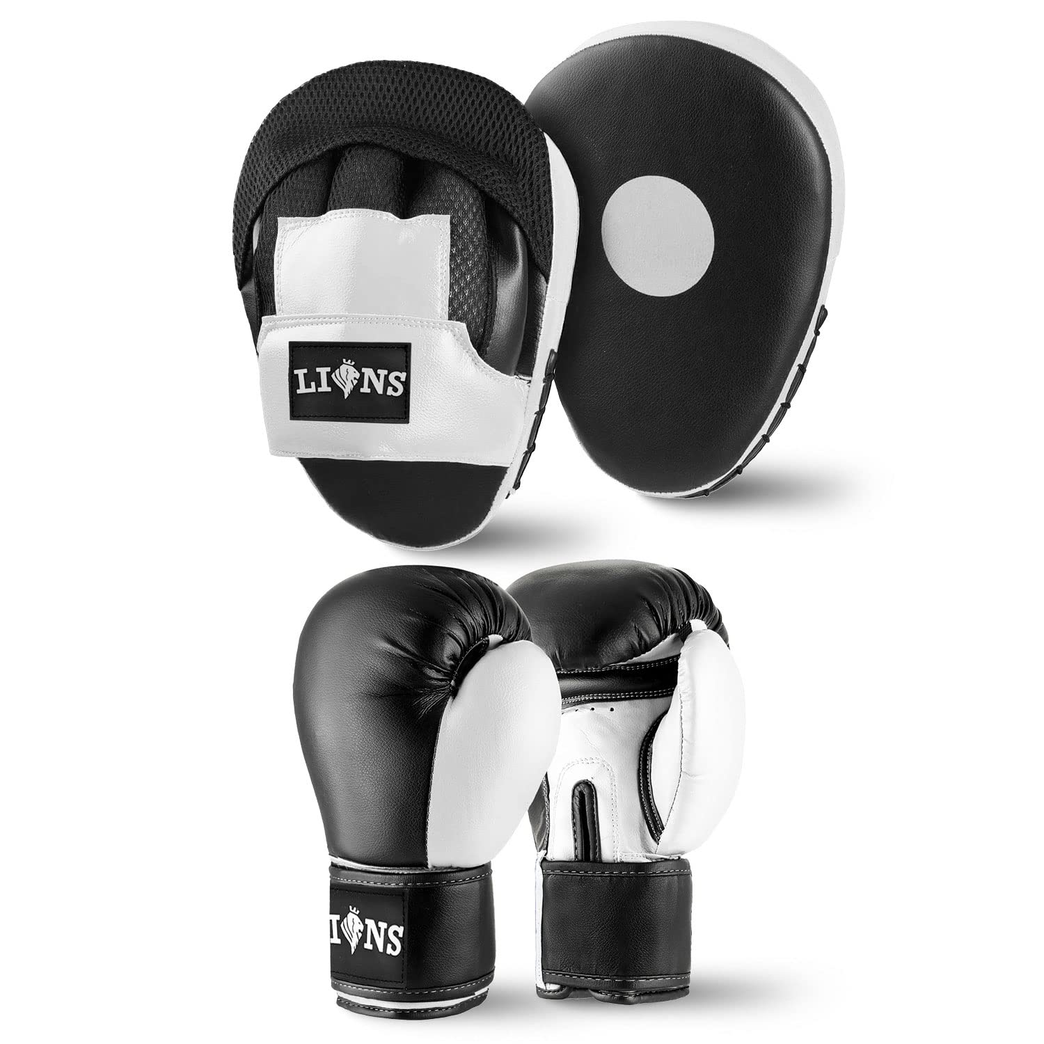 Lions Focus Pads and Gloves Set - Boxing Hook and Jabs Sparring Punch Martial Arts MMA Punching Mitts Muay Thai Kickboxing Coach Glove Sets for Men Women (INJECTION - WHITE, 10OZ)