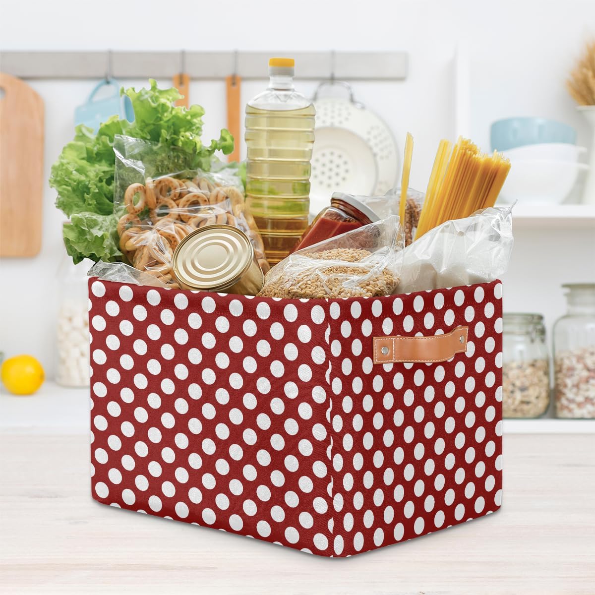 OSAM SPACE Storage Basket Bin Polka Dots Pattern Rectangular Storage Basket Cube With Handles, Red White Laundry Storage Organizer Basket for Toy Nursery Closet Shelves Bedroom Home