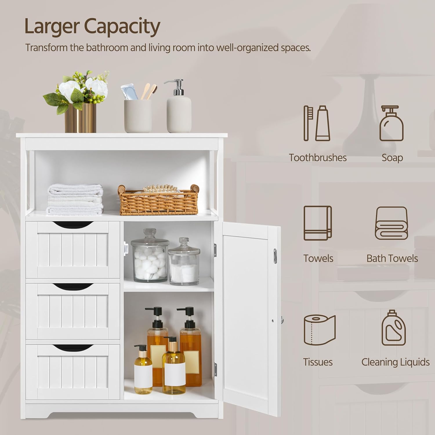 Yaheetech Bathroom Storage Cabinet Bathroom Floor Cabinet Freestanding Storage and Organizer with Door, 3 Drawers, Adjustable Shelf, 35.5 Inches Height, White
