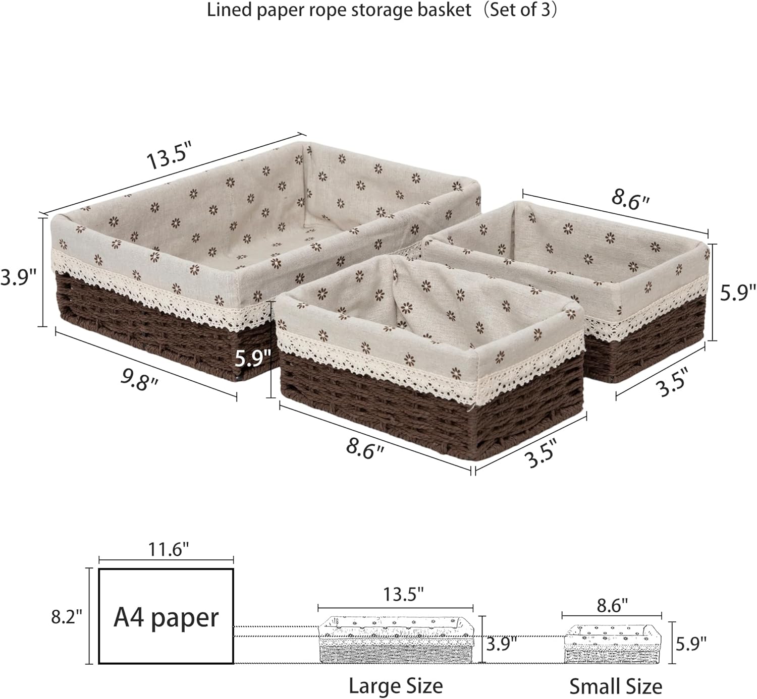 Woven Paper Rope Storage Basket Set with Handles & Liners,Set of 3- Cube Organizers Basket for Drawers, Shelves & Closets, Decorative Home Storage