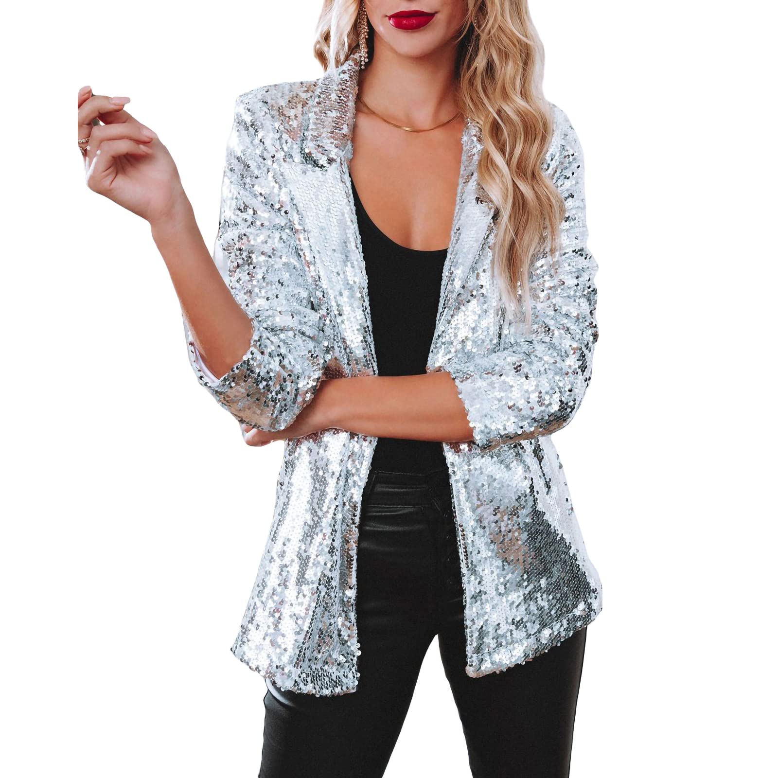quecy Women's Sparkle Blazer Sequin Shimmer Jacket Casual Long Sleeve Glitter Party Shiny Lapel Coat Rave Outerwear |Silver |S-picture-22