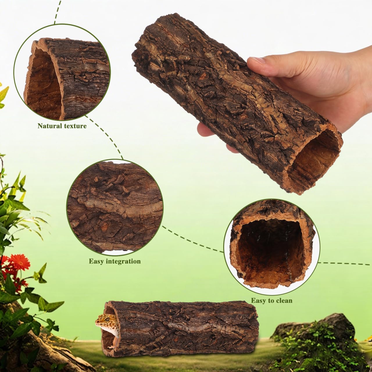 Veemoon Natürliche Baumstamm-höhle für Reptilien Und Amphibien, Terrarium aus Natürlicher Korkrinde, Baumstammhöhle, Kletterhöhle aus Holz für Geckos, Schlangen, Einsiedlerkrebse Und Frösche, 3,14