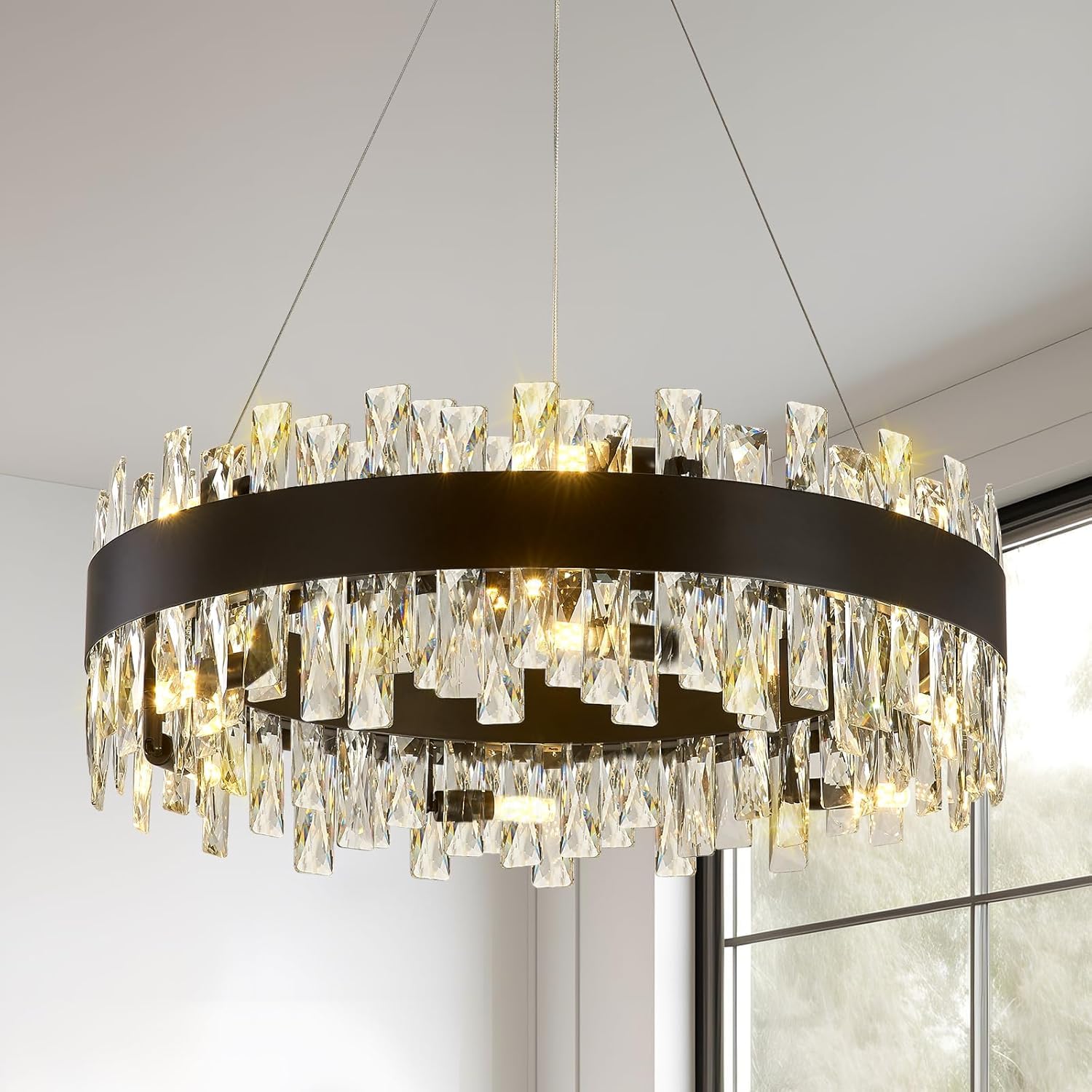 Modern Crystal Chandelier,AioTio D23.6'' Black Round Farmhouse Industrial Hanging Chandelier, K9 Crystal Raindrop Adjustable Chandeliers for Dining Room,Bedroom, Kitchen Island,Living Room,Foyer