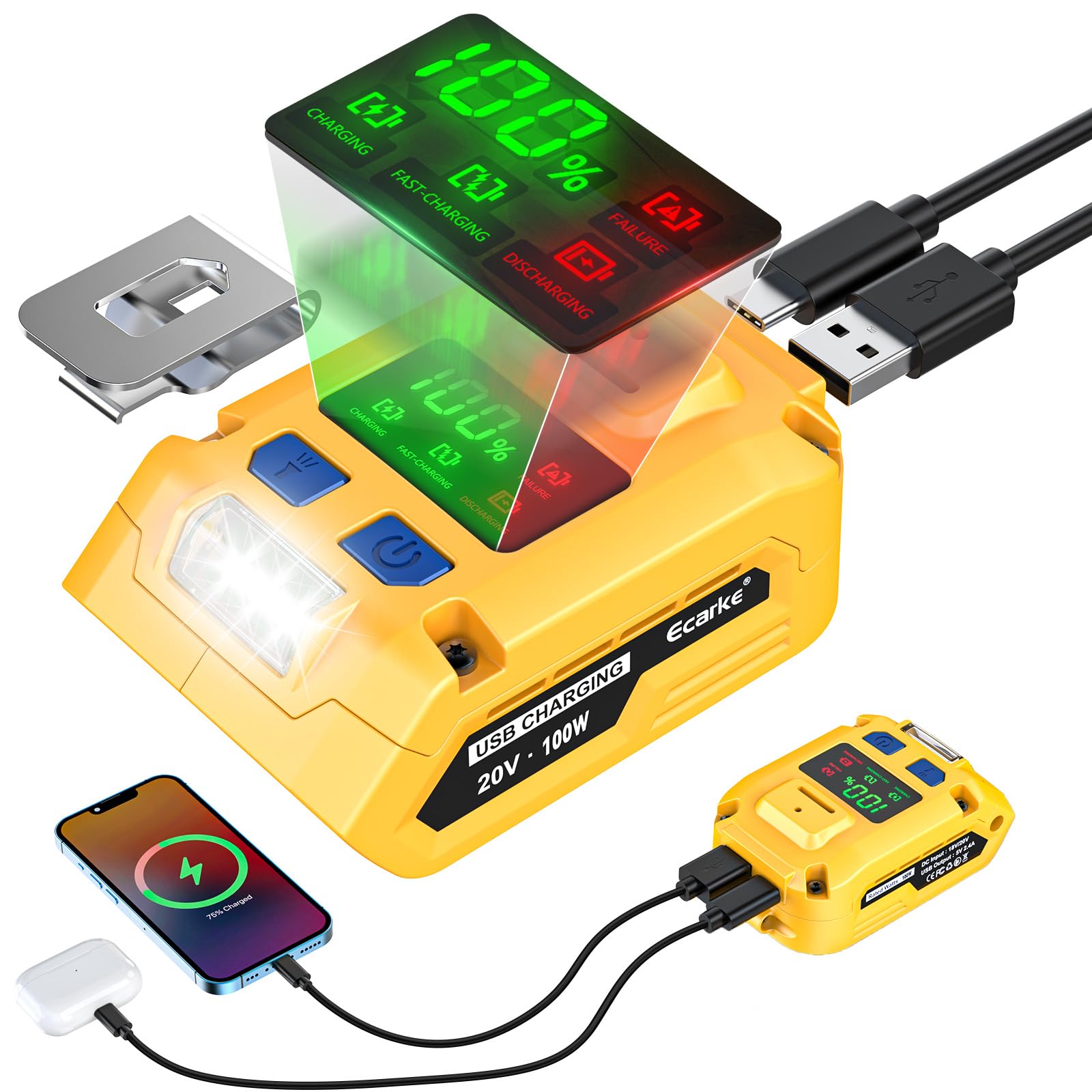 Ecarke 2-in-1 Battery Charger &amp; Power Inverter Compatible with DeWALT 20V Battery, 100W USB-A Output &amp; USB-B Input/Output, for Travel Emergency Use (No Battery)