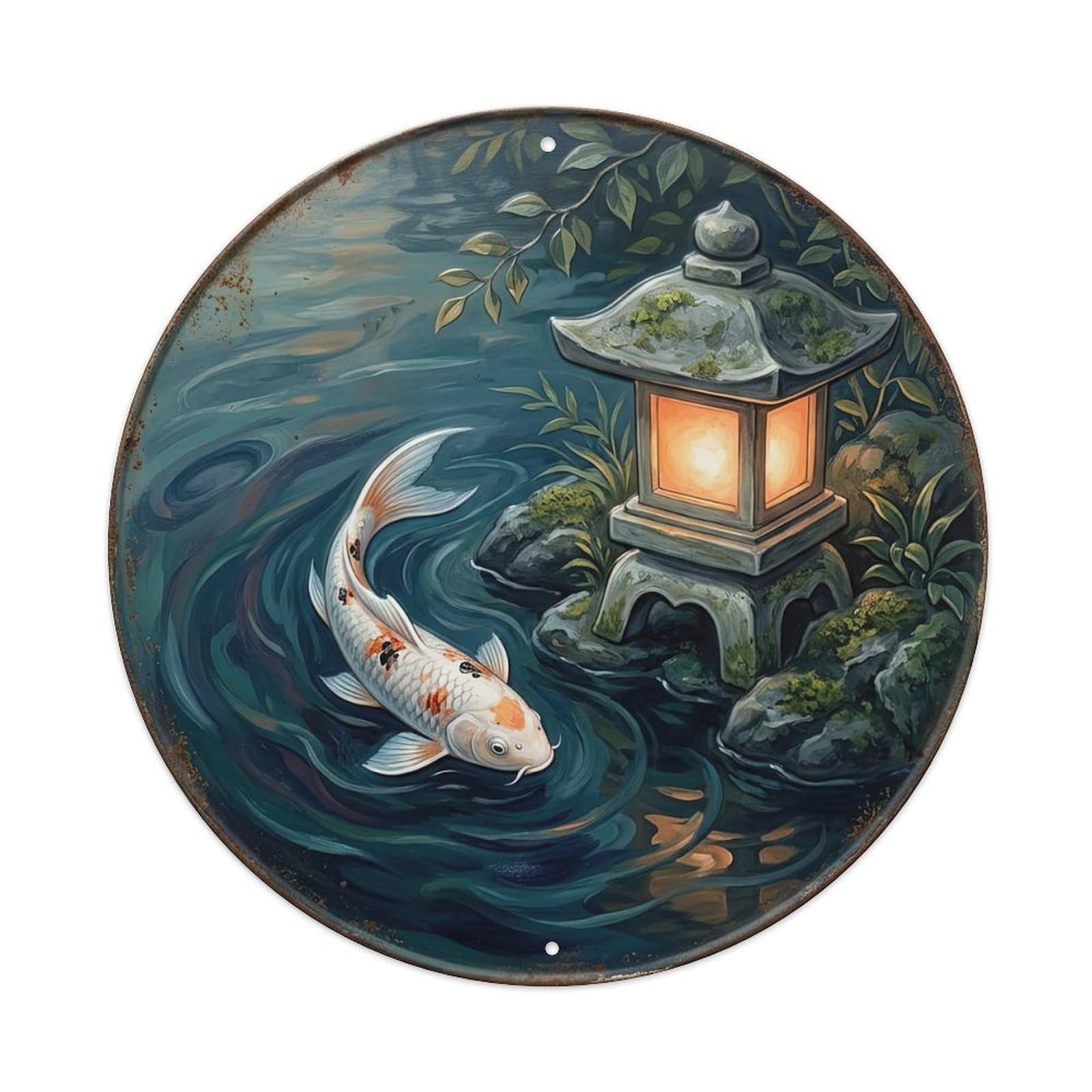 Stone Lantern Glow Koi Fish 1 Metal Tin Sign Plaque Wall Decor for Cafe, Club, Garden Round Metal Poster 8x8Inch