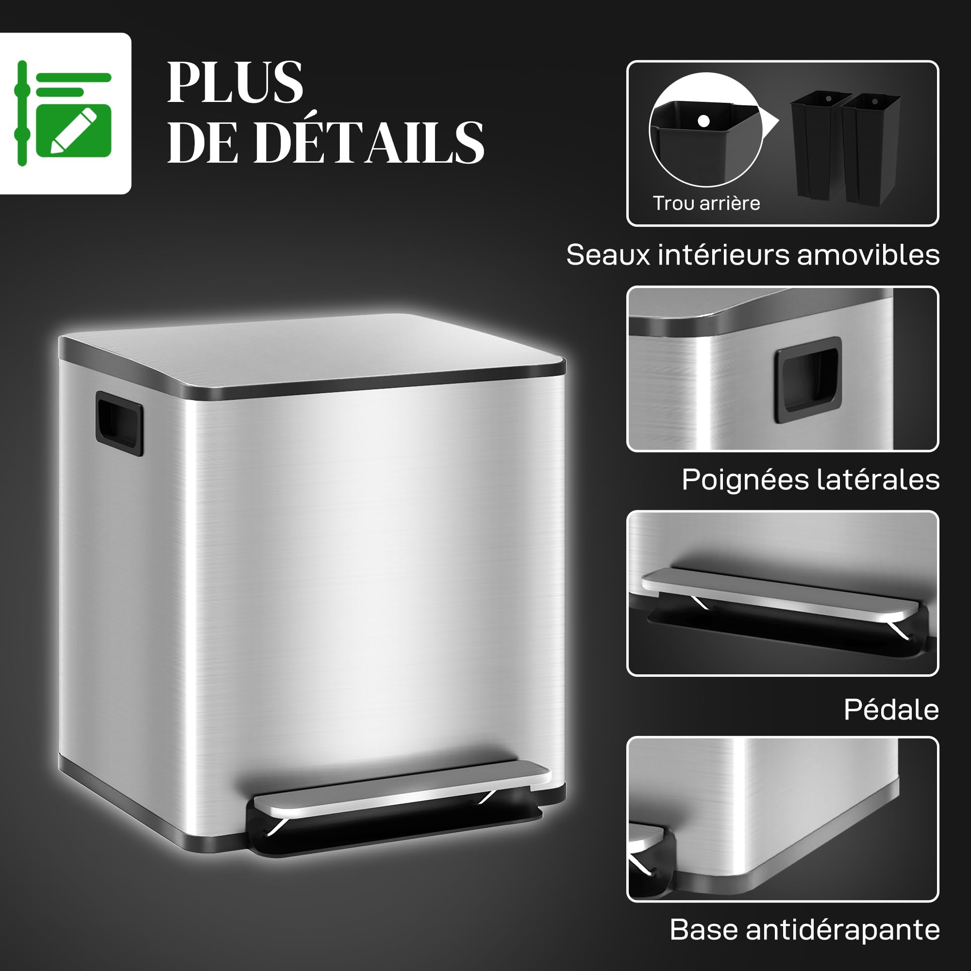HOMCOM Prullenbak met 2x30L compartimenten, Soft-Close deksel