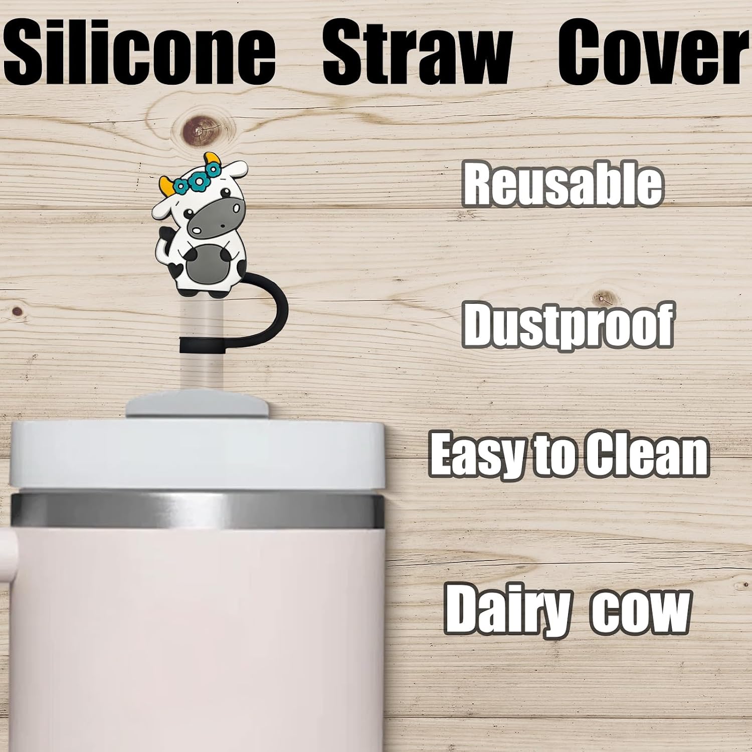 Dairy cow Straw Cover Cap for Stanley Cup, Reusable 10mm (0.4in) image 2