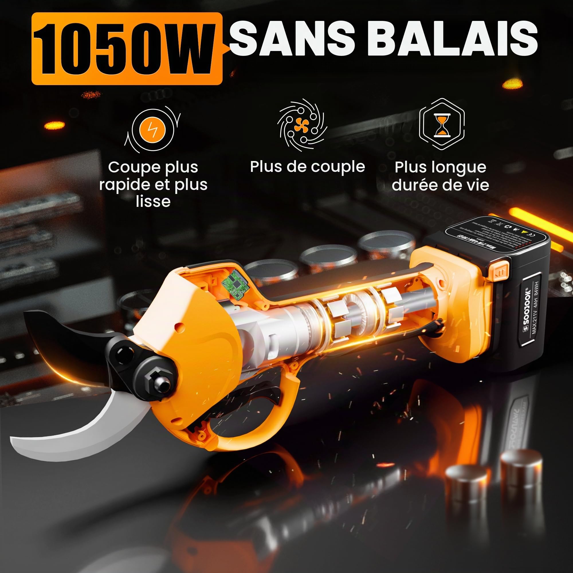 Sécateur Électrique Professionnel, 40mm Progressive, 2x 21V 4A Batteries, 1050W, Bypass Moderne, Orange