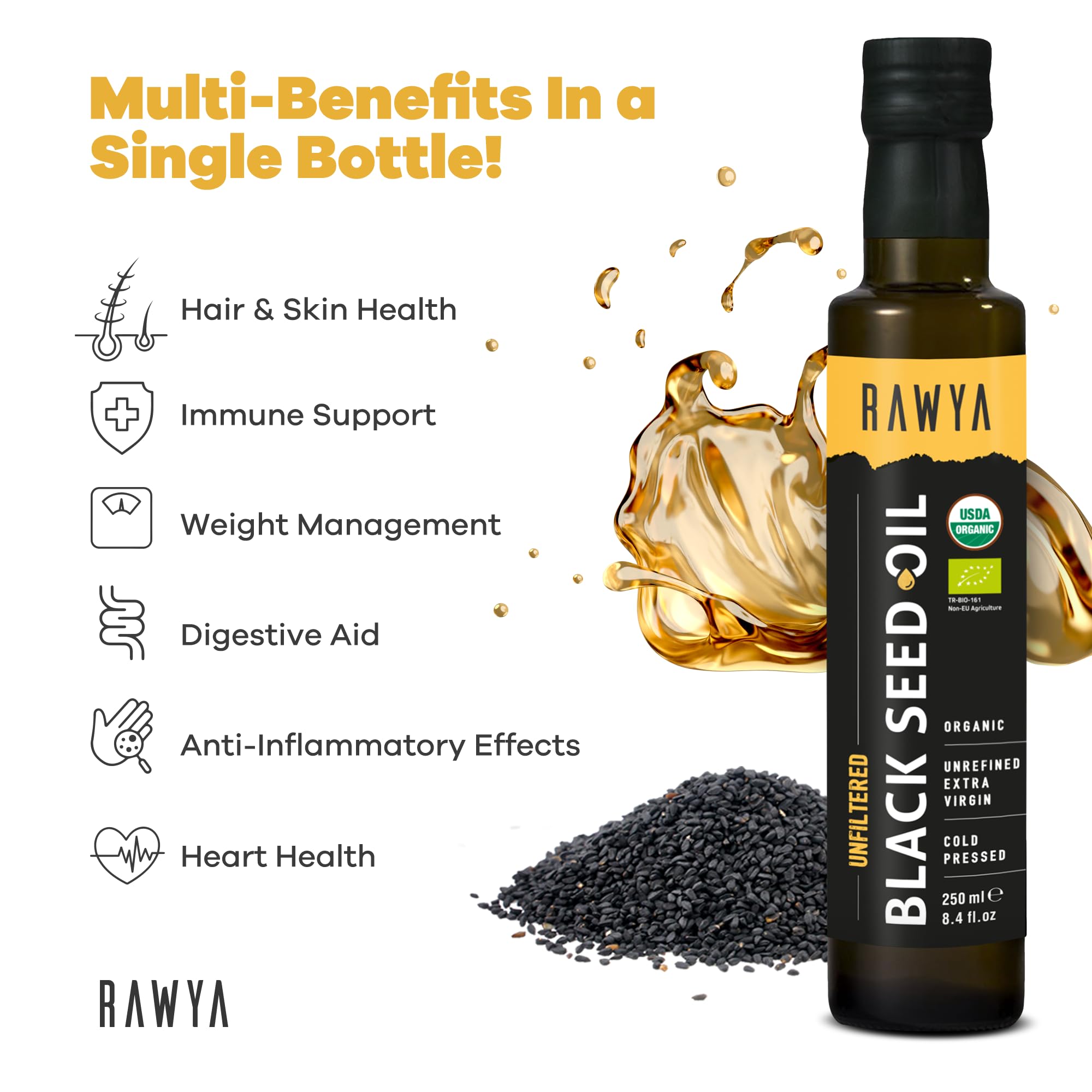 RAWYA Aceite de semilla negra orgánico, prensado en frío, origen turco, comino negro, Kalonji, suplemento Nigella Sativa con Omega 3, 6, 9, crecimiento del cabello y apoyo a la piel, sabor suave, 250