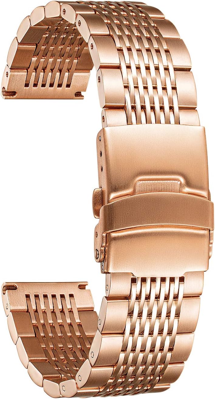 BINLUN Stainless Steel Watch Band, Metal Watch Strap for Men Women Replacement with Double-Lock Deployment Clasp Polished Watch Bracelet Silver Black Gold Rose-gold 18/19/20/21/22/24mm