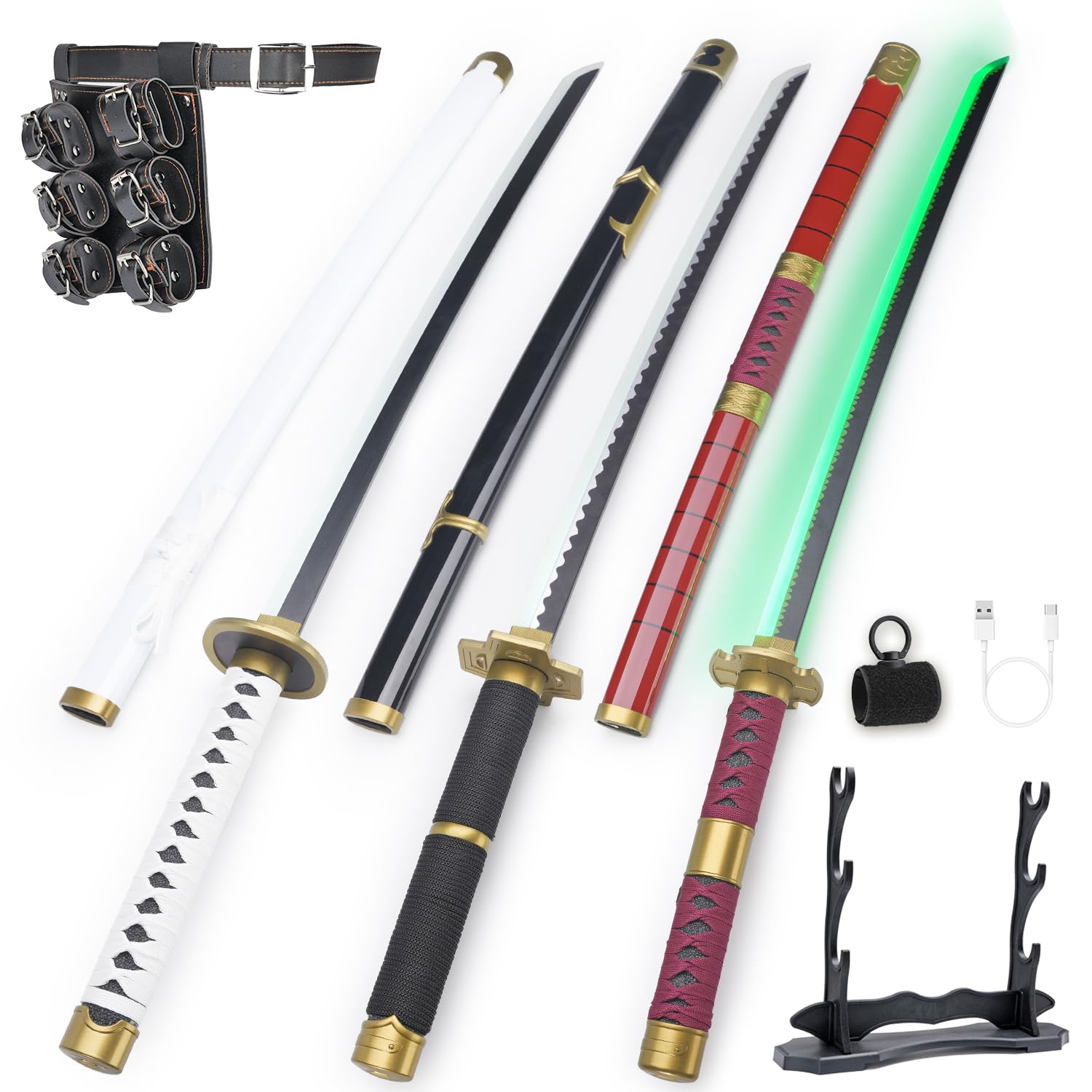 RENGENG Light Up Sword, 40 Inches Rechargeable Pre-Assembled Plastic Replica Anime Sword with Belt & Stand & Spinner
