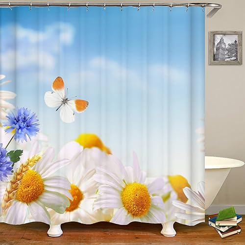 Miniatura 4 de Cortina de ducha con margaritas, juego de cortina de ducha con diseño floral de granja, cortinas de ducha rústicas de flores blancas para baño, tela