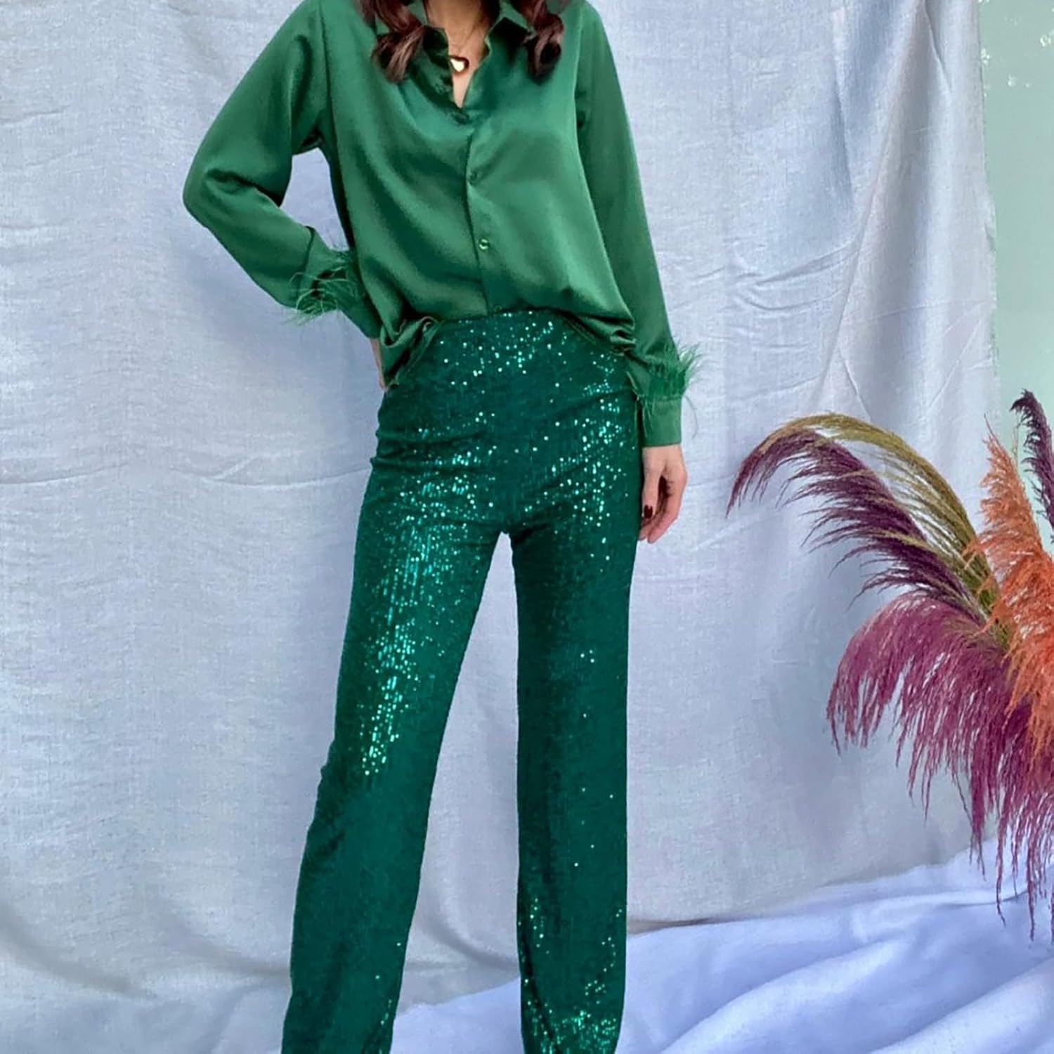 Buddhi Womens Casual Sparkle Sequin Glitter Bling Yoga Pants Wide Leg Palazzo Flared Trousers Sequins Pants Party Clubwear