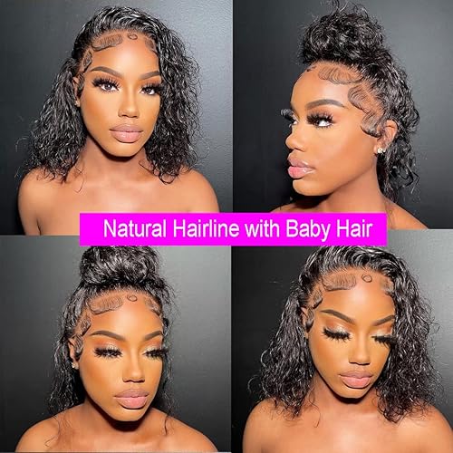 Miniatura 4 de Peluca de cabello humano ondulado de 14 pulgadas, encaje frontal de 13 x 4, pelucas de cabello humano brasileño rizado de densidad 150 para mujeres