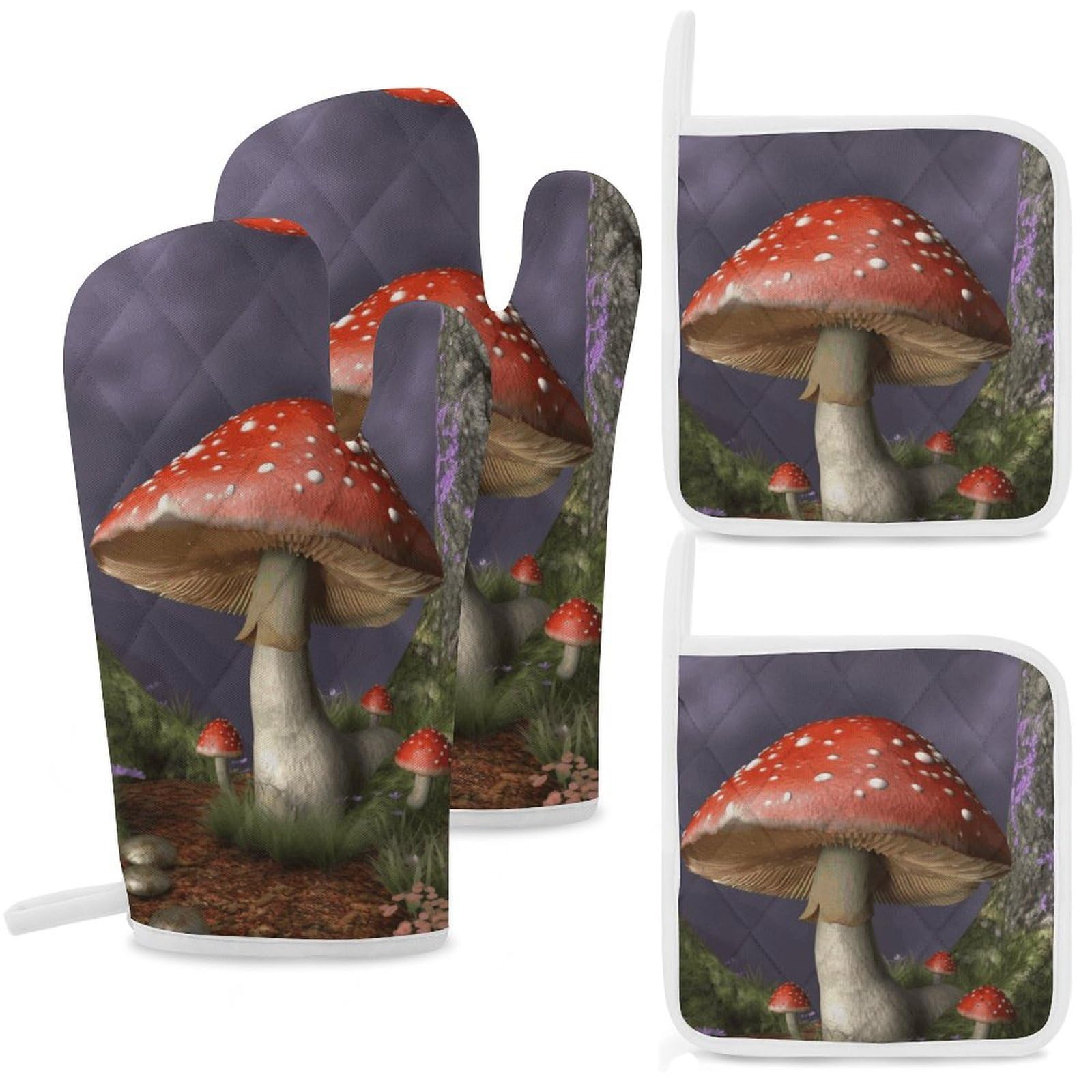 Mushroom Oven Mitts and Pot Holders Sets Heat Resistant Oven Glove with Hanging Loop for Baking Cooking BBQ Thicken Potholders for Kitchen