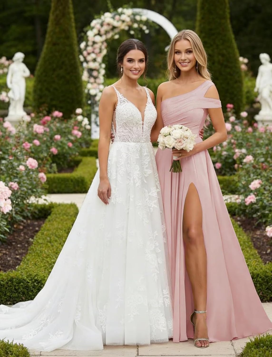 One Shoulder Bridesmaid Dress for Women Long A Line Ruched Chiffon Formal Party Dress with Slit MT004